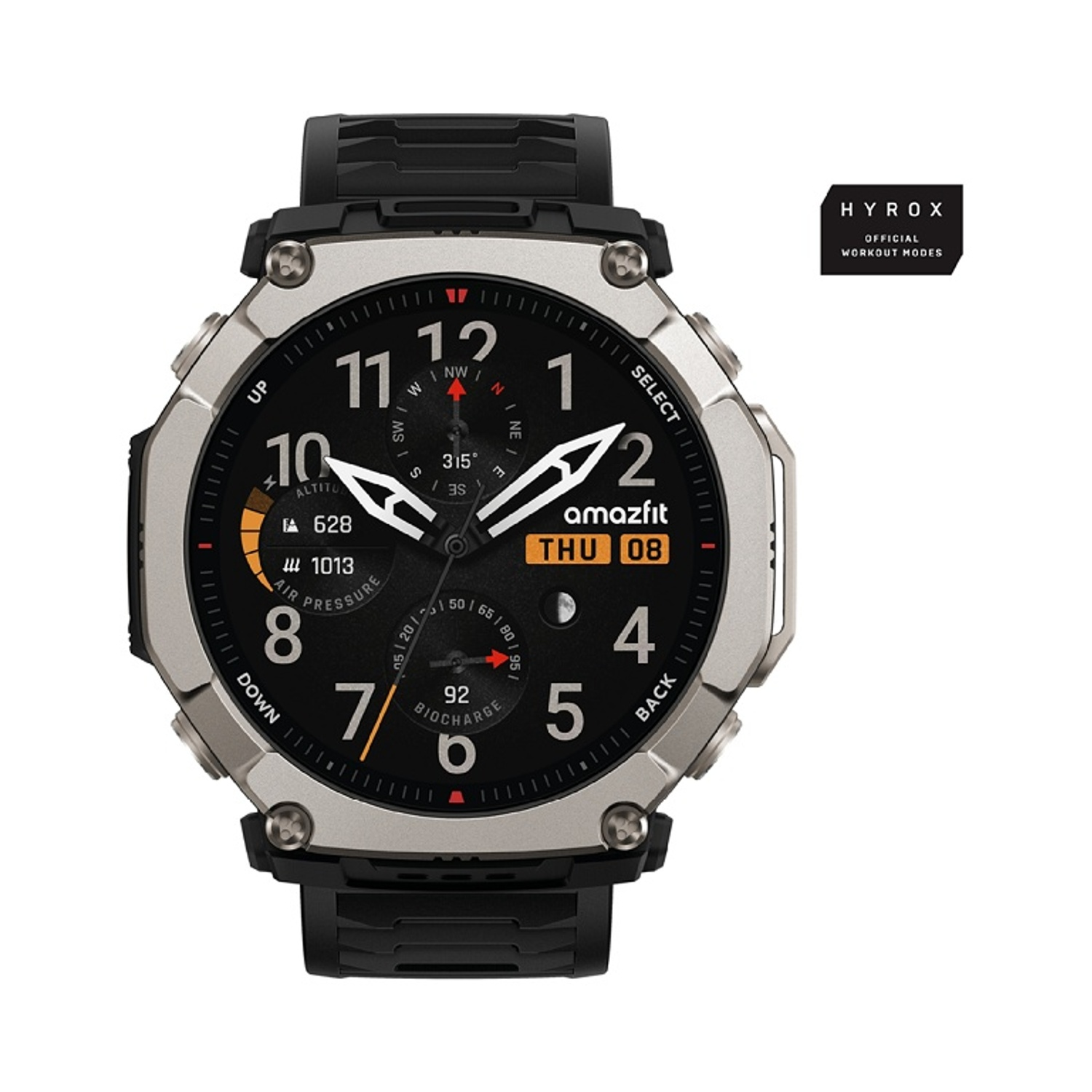 Smartwatch grigio con cinturino nero e logo Hyrox.