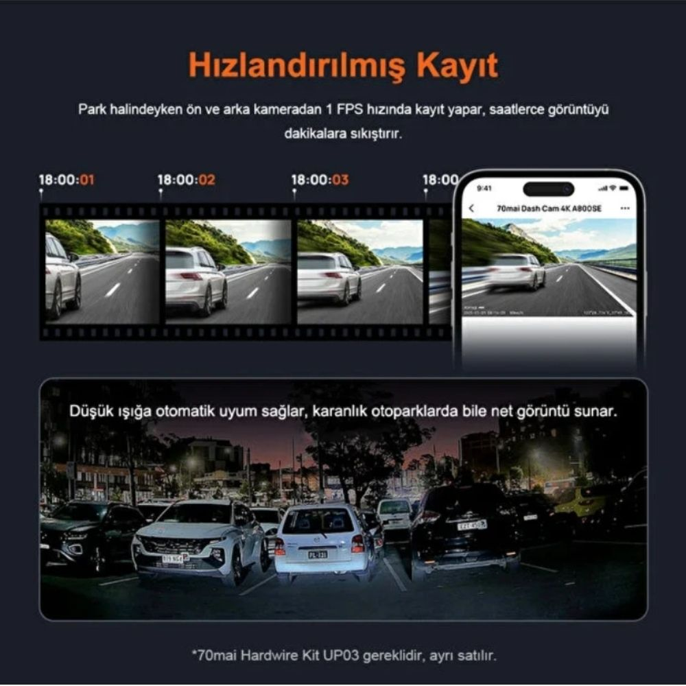 Hızlandırılmış: Yolda arabalar, gece otoparkı. Telefon uygulaması kayıt gösterir.