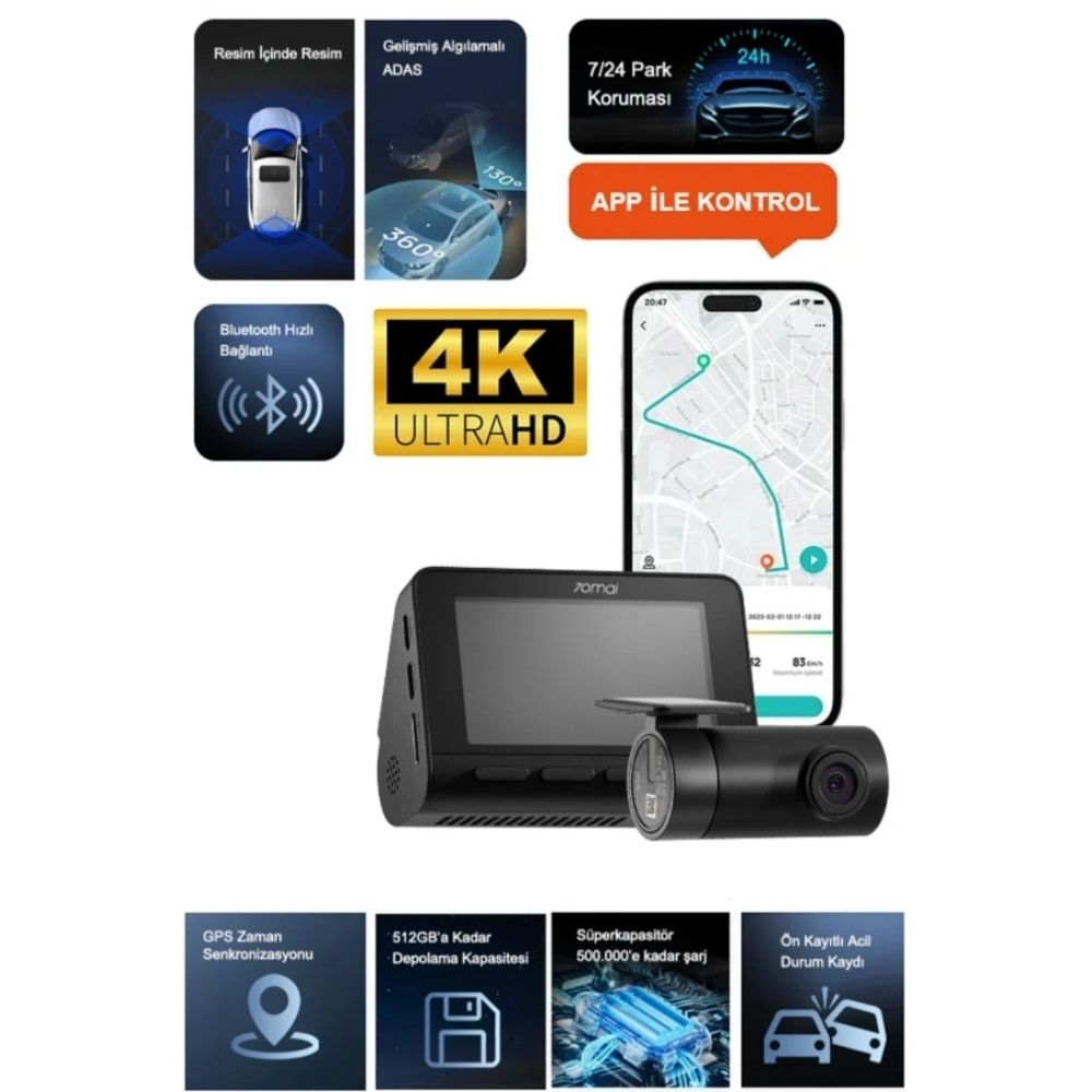ADAS, park gözetimi ve uygulama kontrollü 4K araç DVR sisteminin tanıtım özeti.