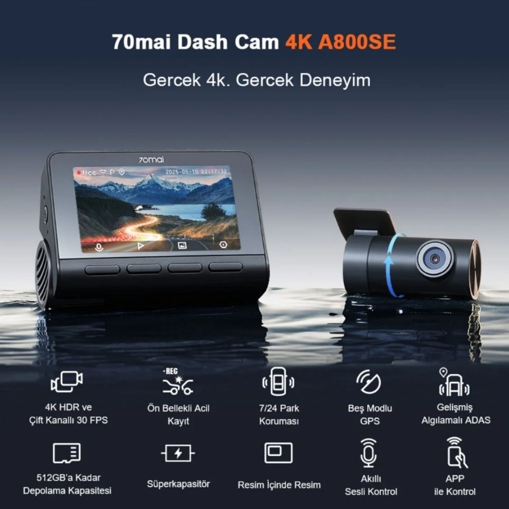 70mai Dash Cam 4K A800SE arka kamera ile, dağ manzarası gösteriyor