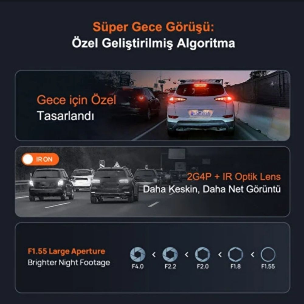 Geliştirilmiş gece görüşü ve lens diyaframlarını vurgulayan, yolda gece araçları.