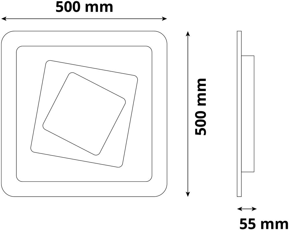 Egy négyzet alakú termék műszaki rajza. Méretek: 500x500 mm, mélység 55 mm.