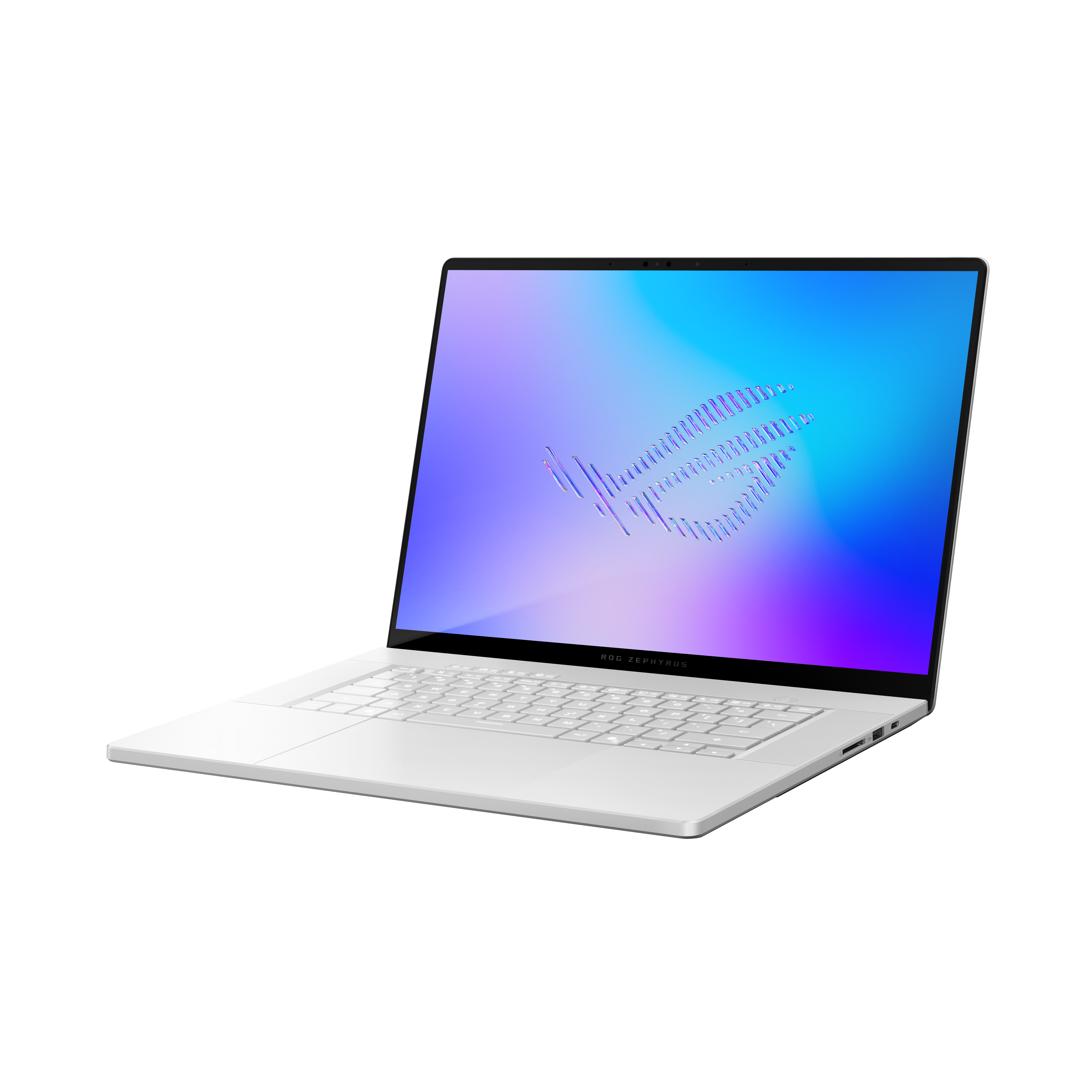 Ein weißer Laptop mit ROG Zephyrus-Logo auf dem Bildschirm.