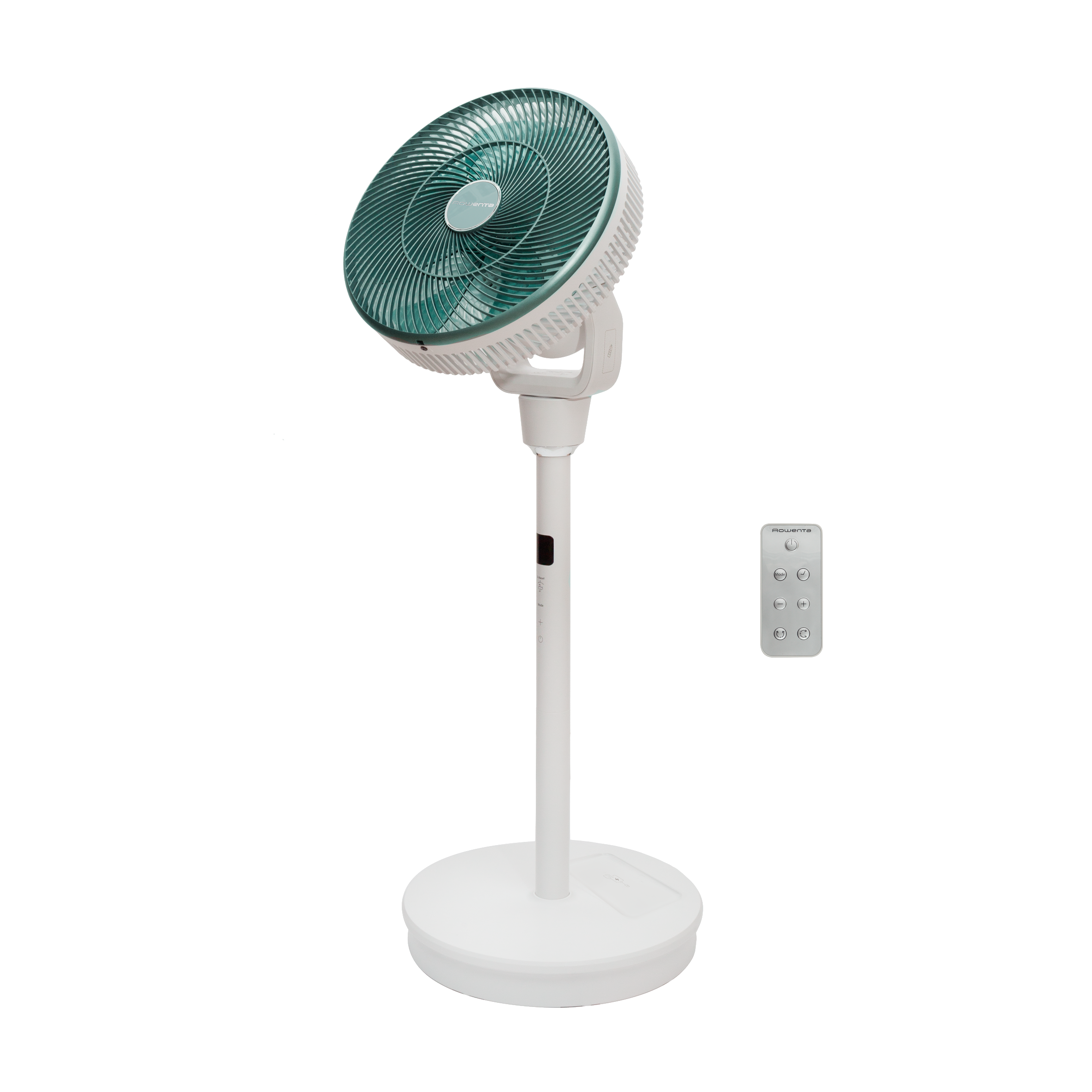 Un ventilador de pie blanco con rejilla verde azulado y mando a distancia.
