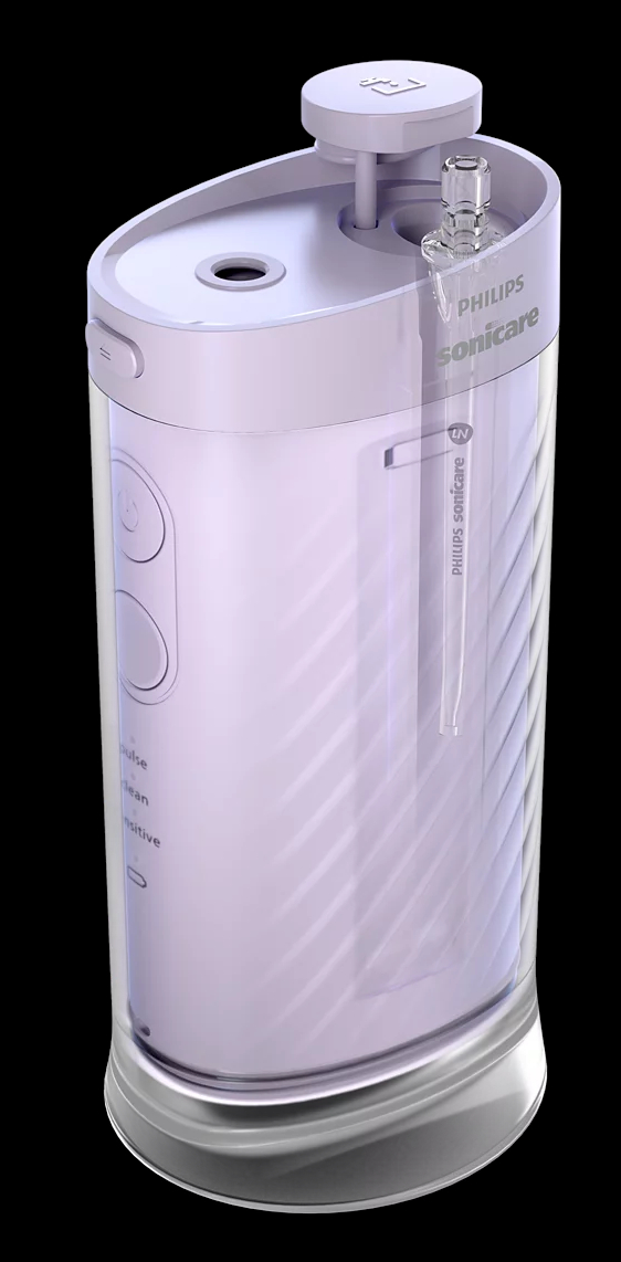 Jasnofioletowy irygator do ust Philips Sonicare z przezroczystą rurką.