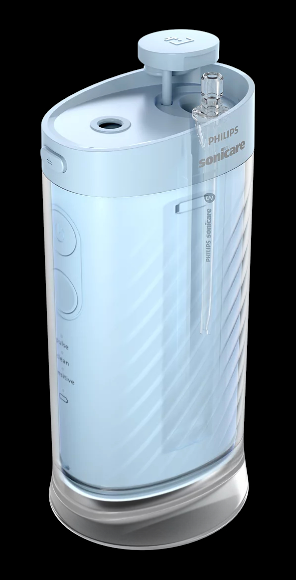 Jasnoniebieski irygator Philips Sonicare z przezroczystym zbiornikiem i przyciskami.