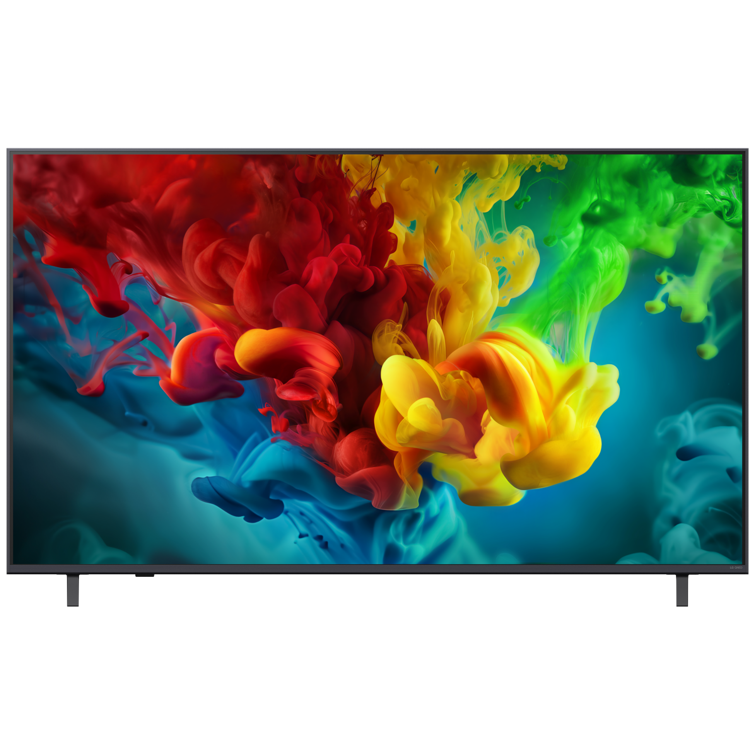 A TV displays colorful ink clouds of red, yellow, and green on a blue background.