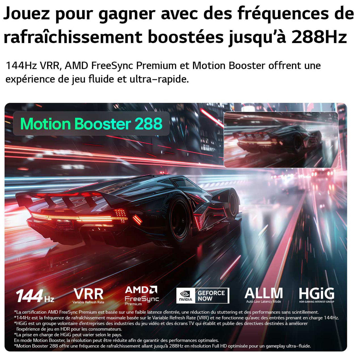 A futuristic car on a race track, with text about 288Hz Motion Booster.