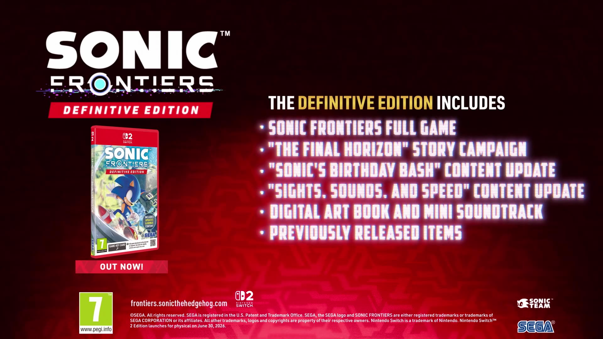 Sonic Frontiers Definitive Edition Nintendo Switchre, Sonic a borítón és listák.