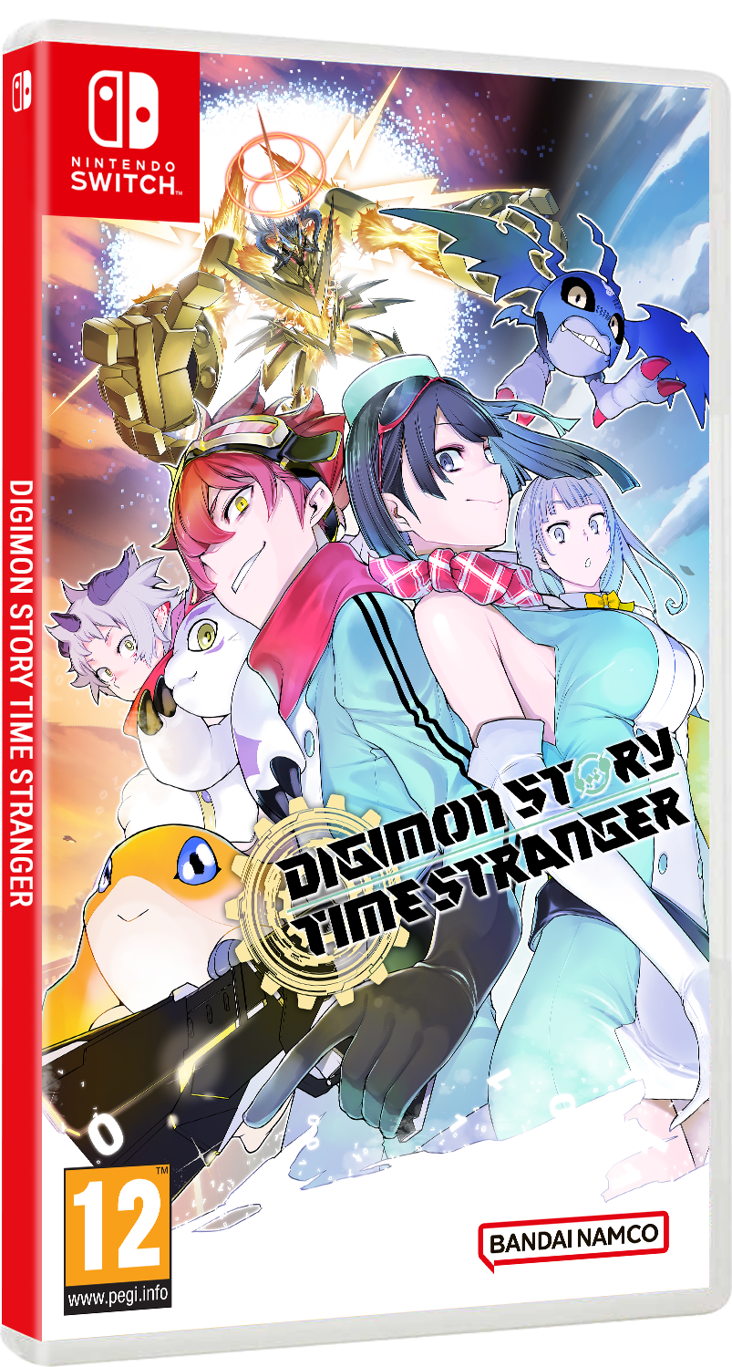 Nintendo Switch játékkártya: Digimon Story: Time Stranger, anime karakterekkel és Digimonokkal.