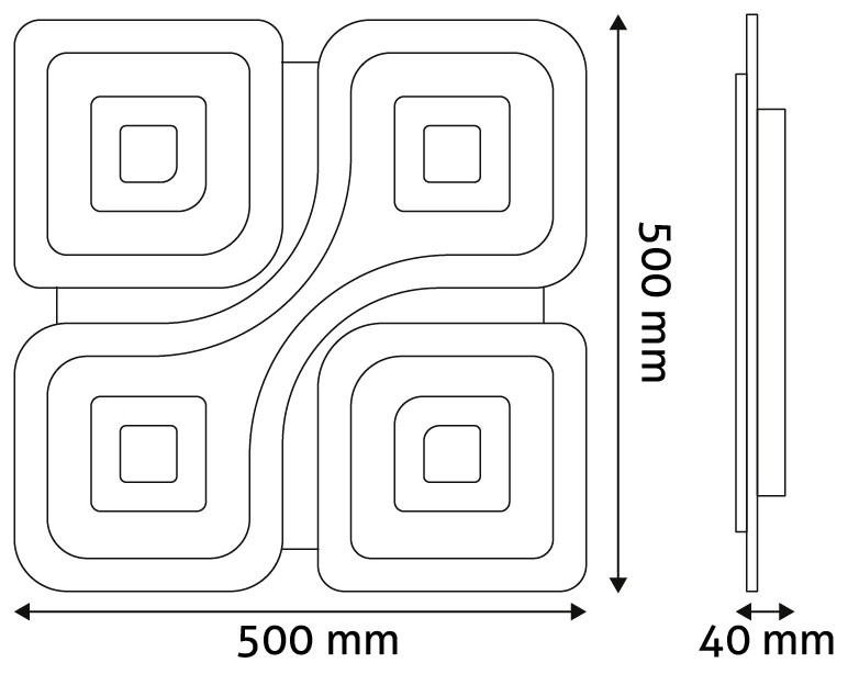 Egy 500x500mm-es panel műszaki rajza, négy koncentrikus négyzet és 40mm vastagság.