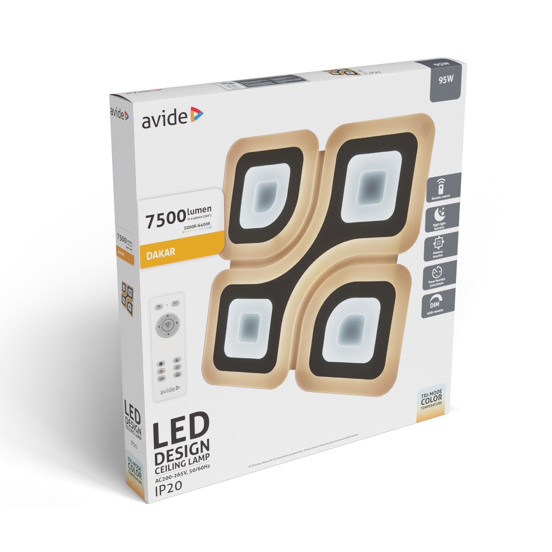 Avide LED mennyezeti lámpa doboza, 95W, 7500 lumen, távirányítóval.