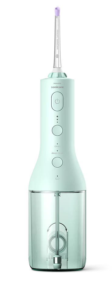 Miętowo-zielona irygator wodny Philips Sonicare ze srebrną dyszą.
