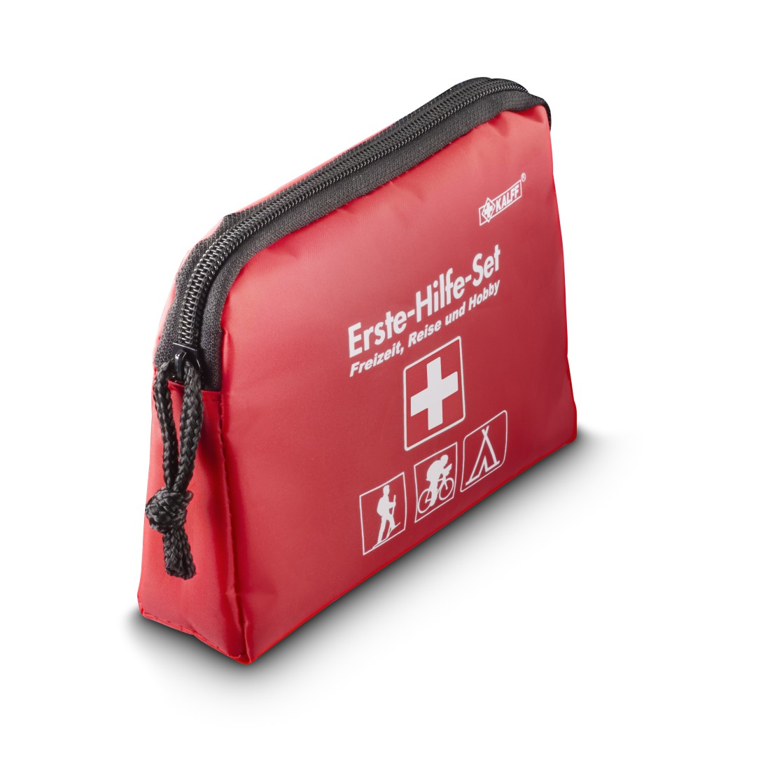 Rote Erste-Hilfe-Tasche mit Reißverschluss und Symbolen für Freizeit, Reise und Hobby.