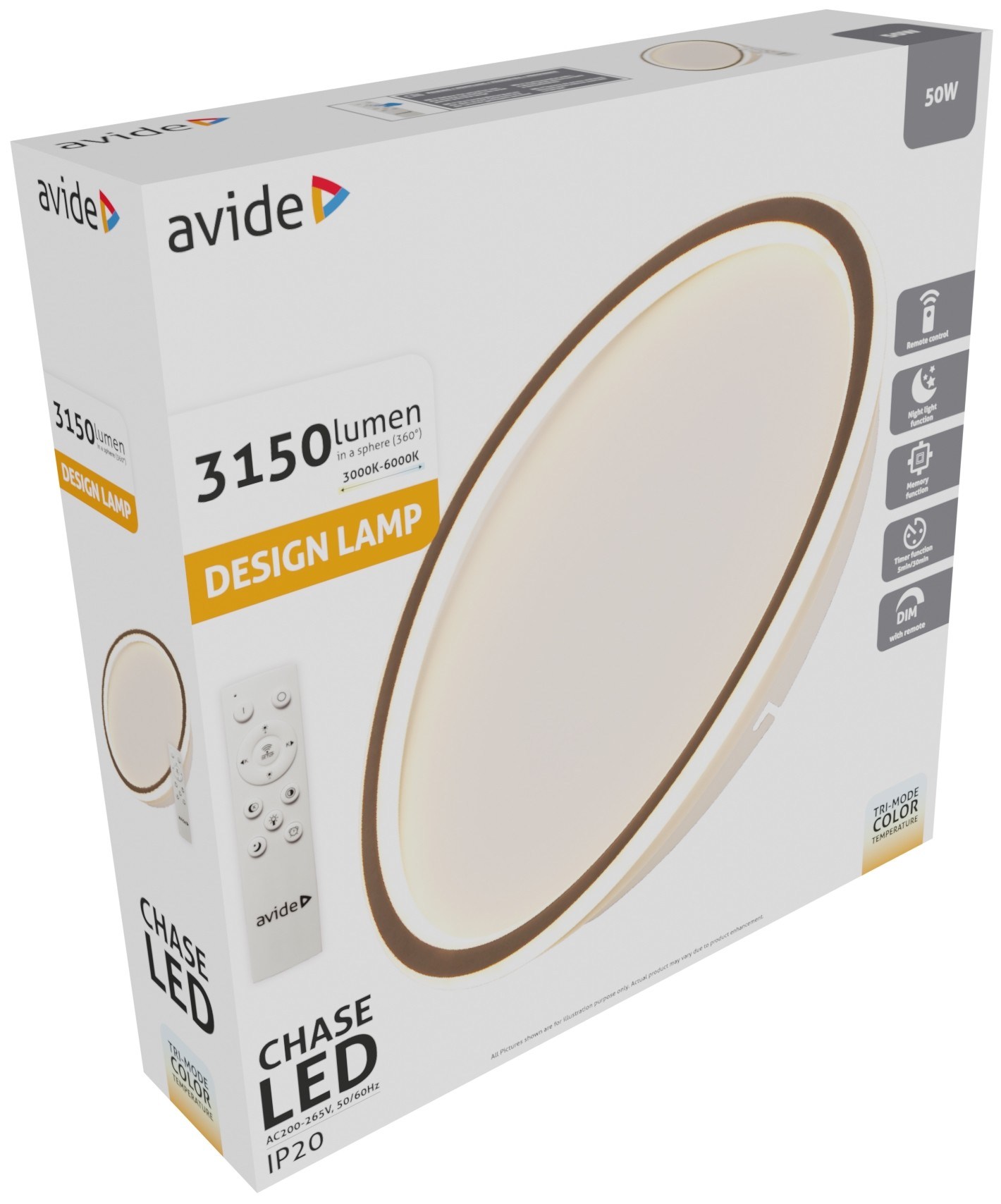 Kerek LED dizájn lámpa csomagolása távirányítóval és címkékkel.