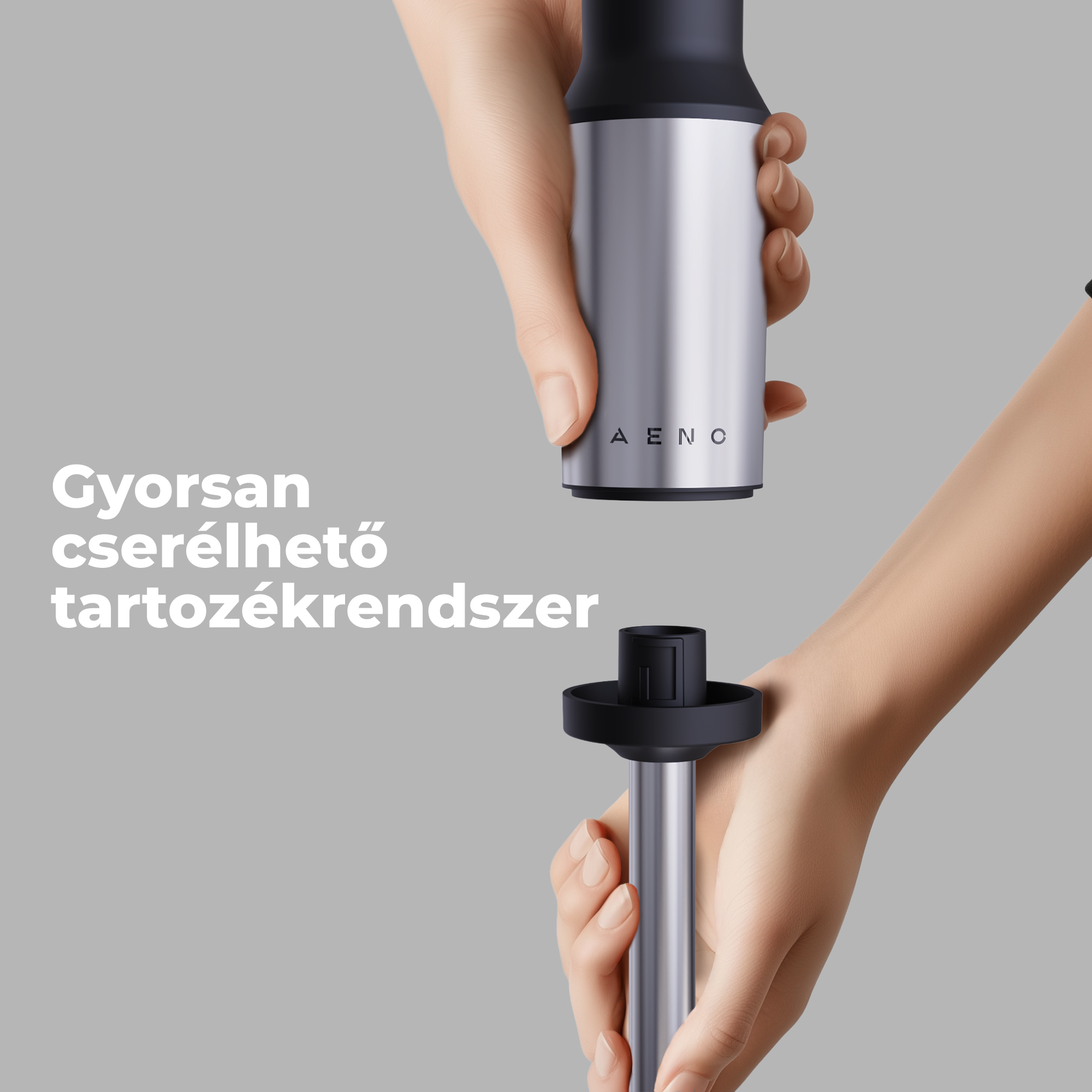 Kezek ezüst konyhai gépet szerelnek össze fekete toldattal, szürke háttér előtt.