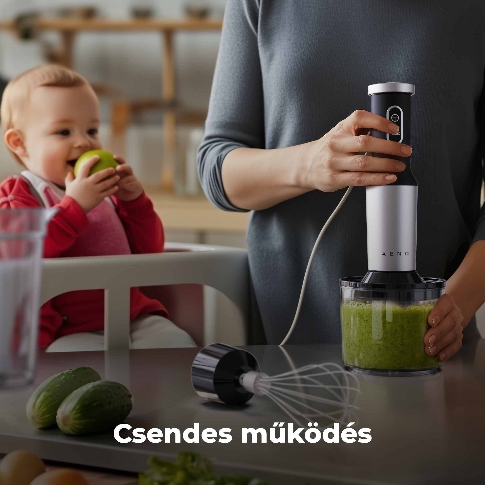 Egy nő zöld turmixot készít a konyhában. Egy baba almát eszik.