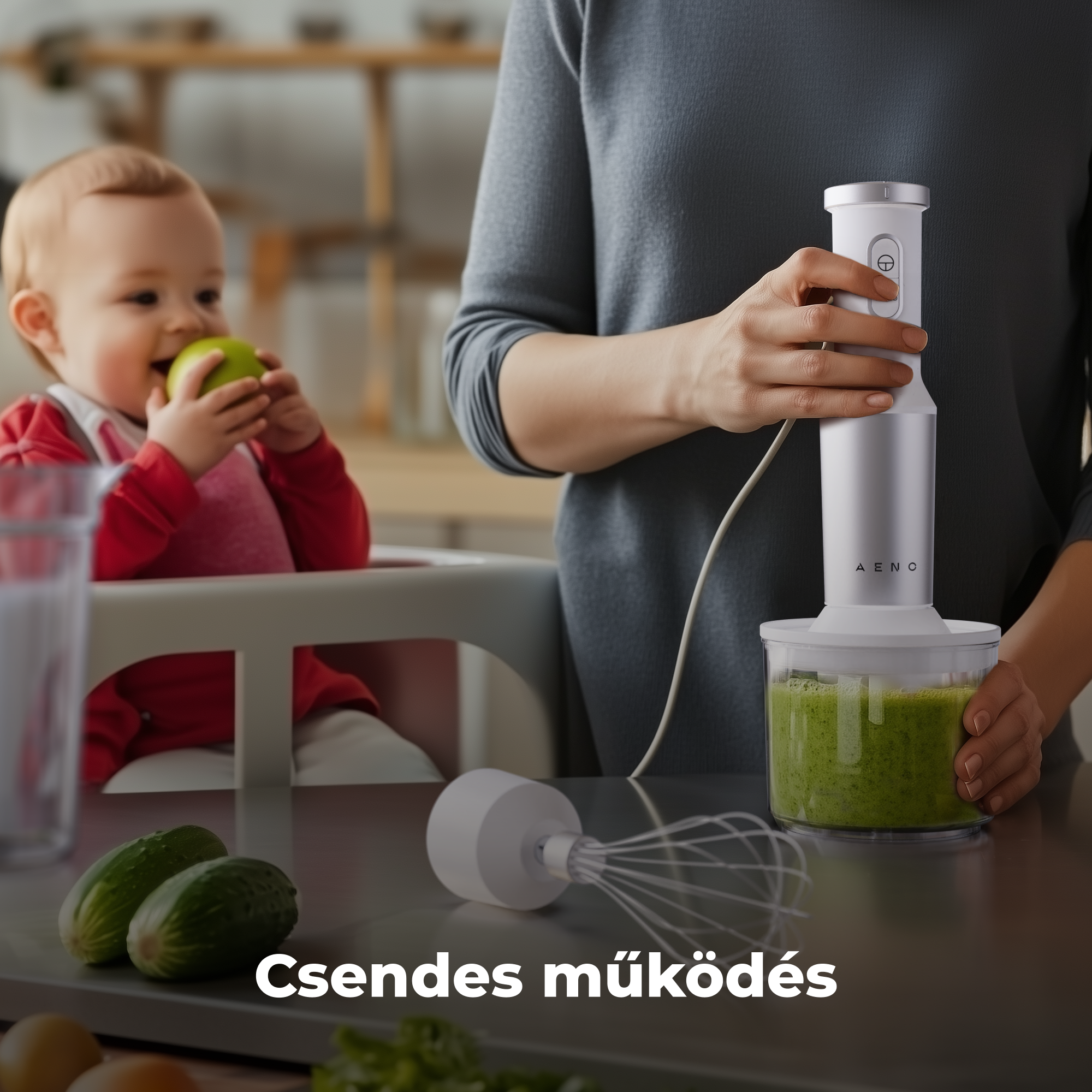 Baba almát eszik, miközben egy kéz zöld turmixos botmixert tart.