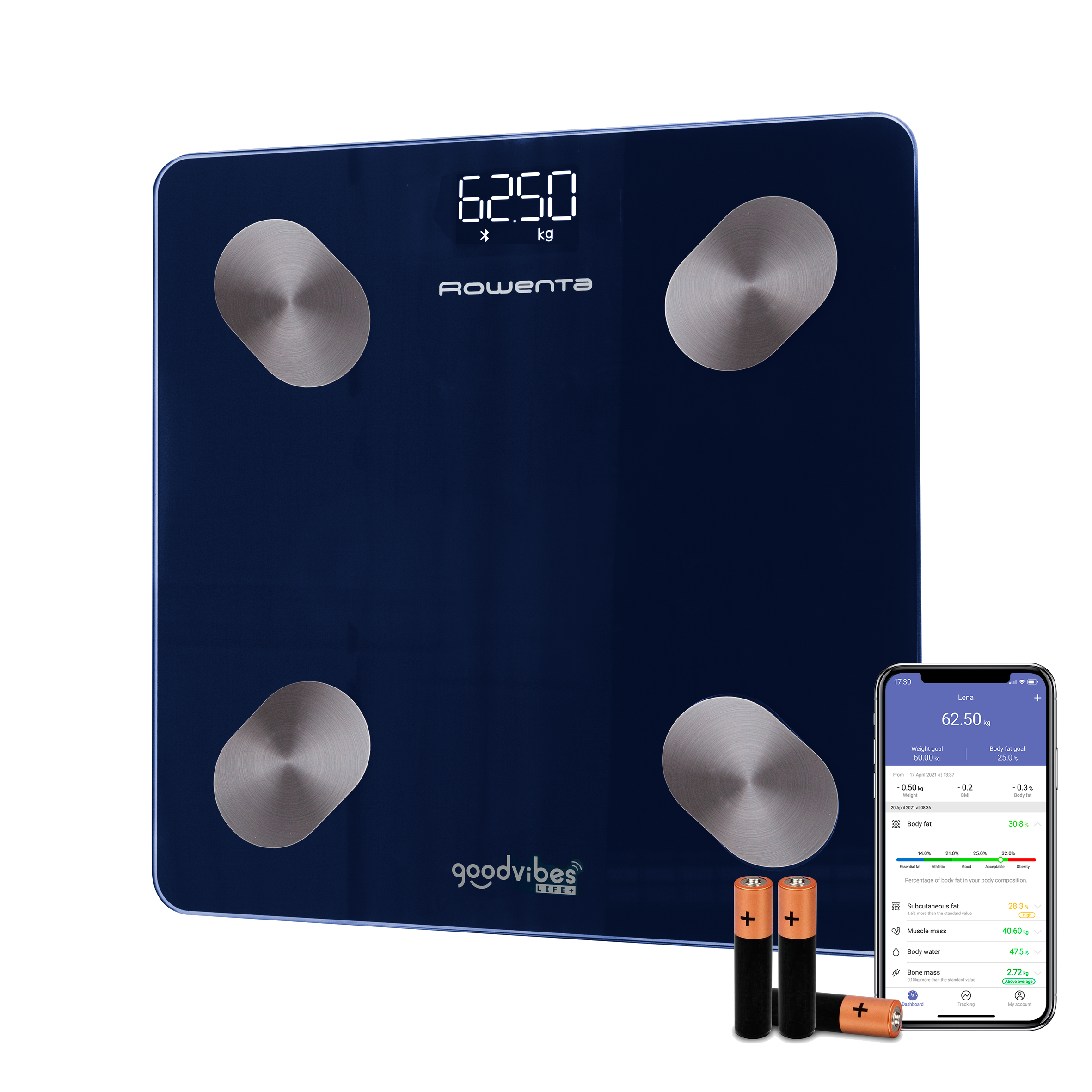 Una báscula digital azul con cuatro sensores metálicos y un smartphone mostrando datos de salud.
