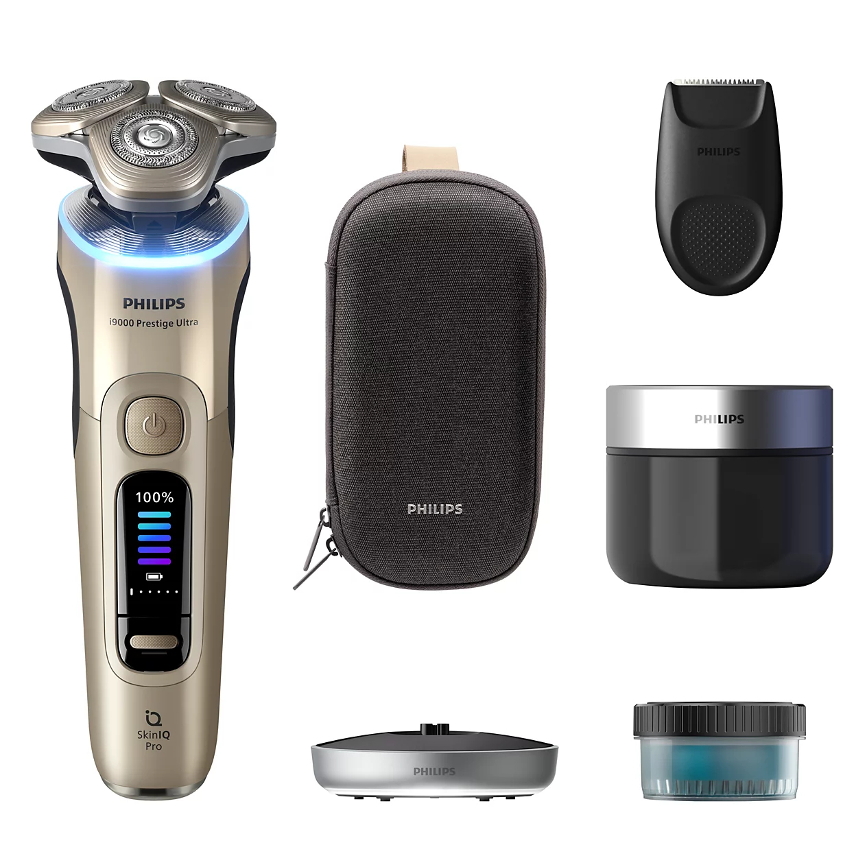 Złota maszynka Philips z cyfrowym wyświetlaczem, etui, trymerem, stacją ładującą i pojemnikiem.