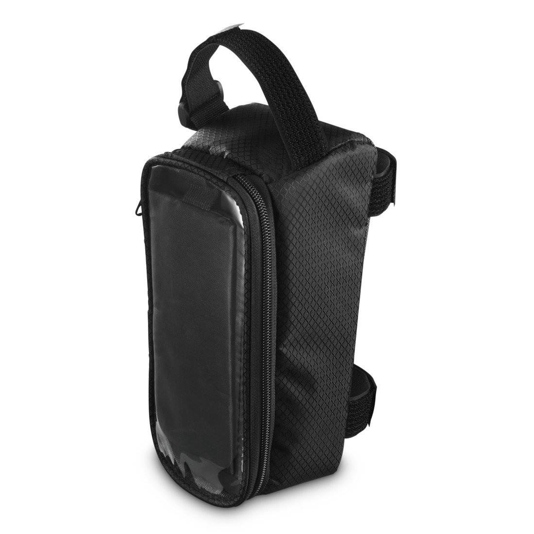 Schwarze Fahrradtasche mit transparentem Fach und Reißverschluss.