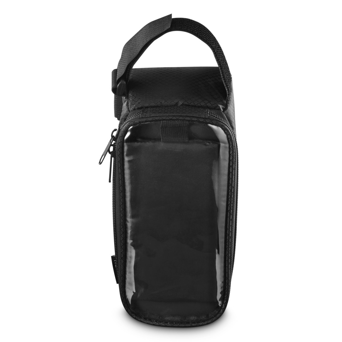 Schwarze Fahrradtasche mit transparentem Fenster und Reißverschluss.