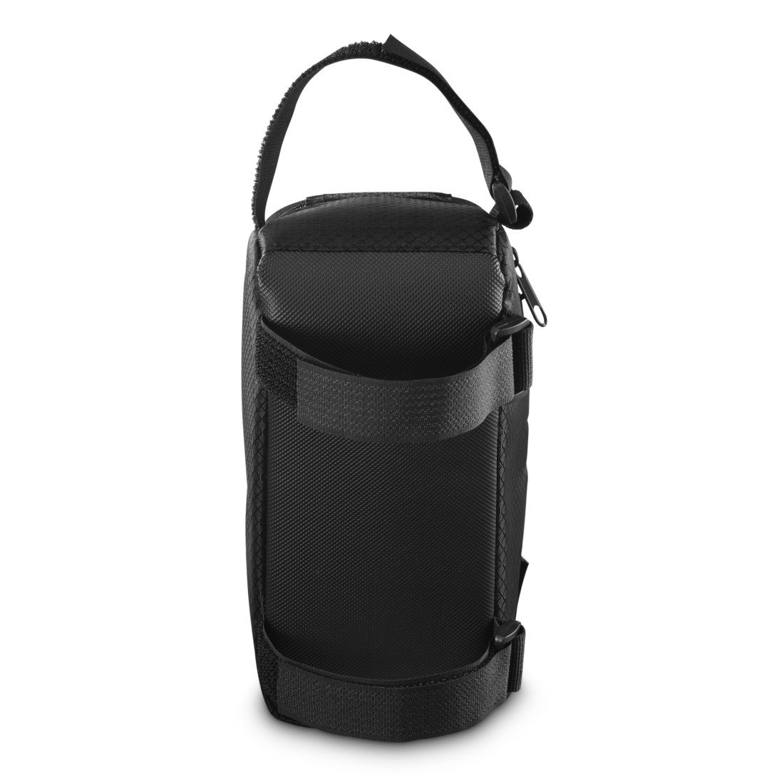 Eine schwarze, rechteckige Tasche mit Reißverschluss und Tragegriff.