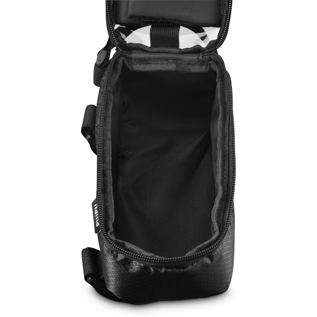 Eine offene schwarze Fahrradtasche mit kariertem Innenfutter und Reißverschluss.