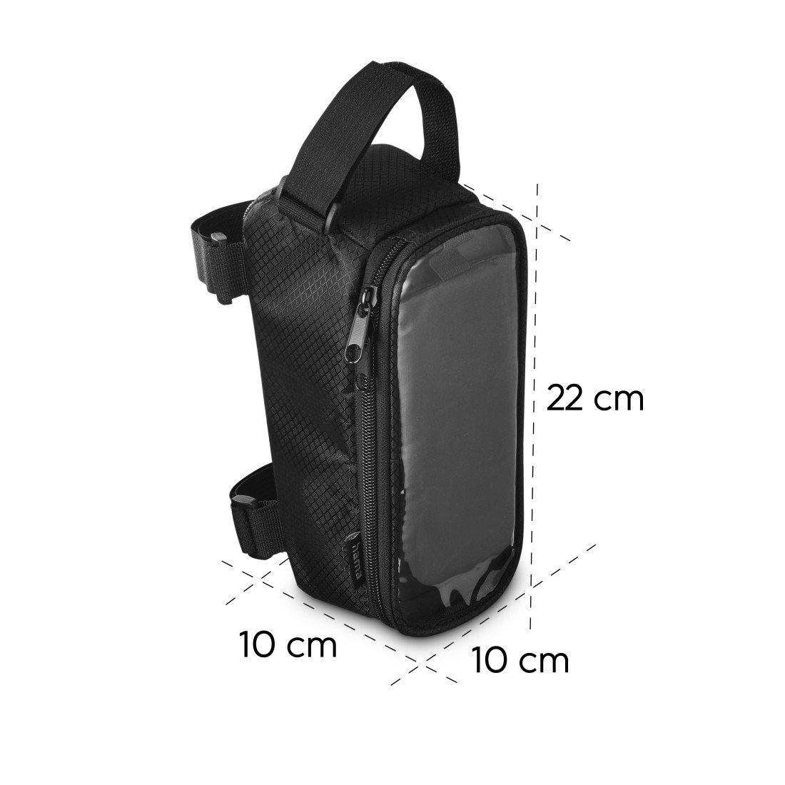 Schwarze Motorradtasche mit durchsichtiger Handytasche. Maße: 22x10x10 cm.