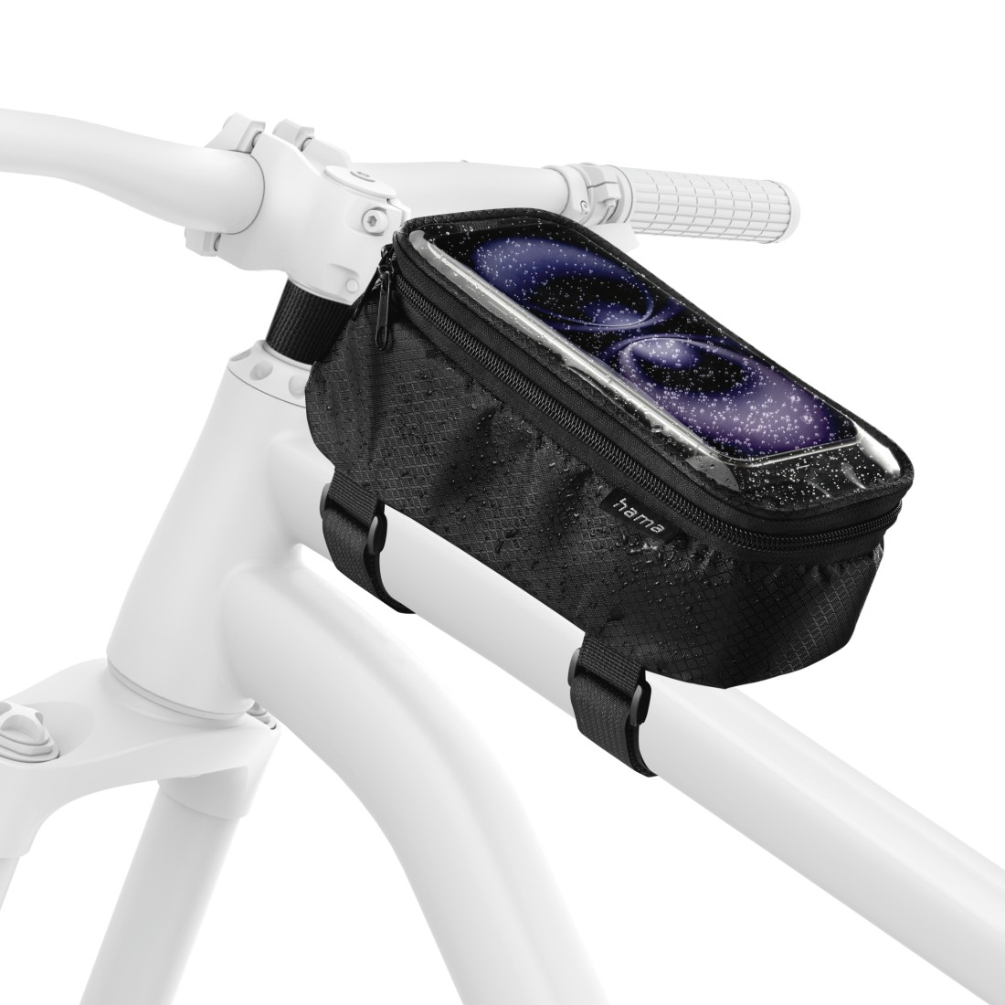 Schwarze Fahrradtasche mit transparentem Handyfach am weißen Fahrradrahmen.
