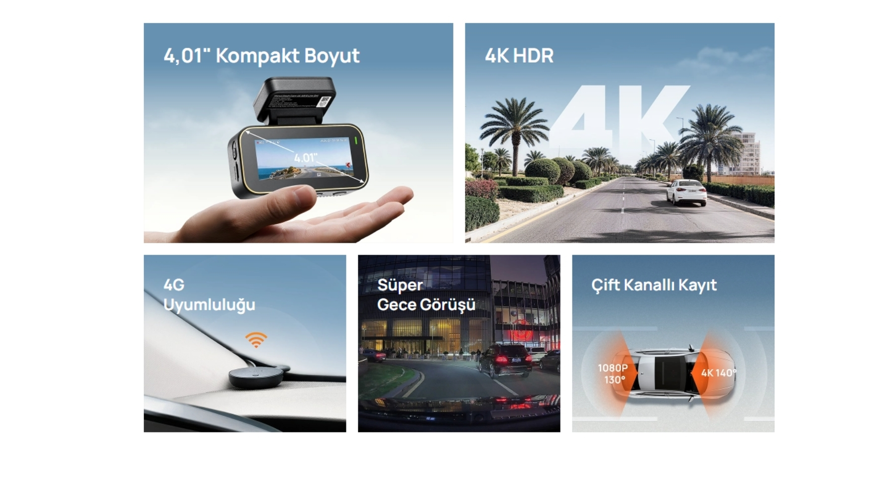 Elde 4,01 inç kompakt araç kamerası; Yolda 4K HDR; 4G uyumluluğu; gece görüşü; çift kanallı kayıt.
