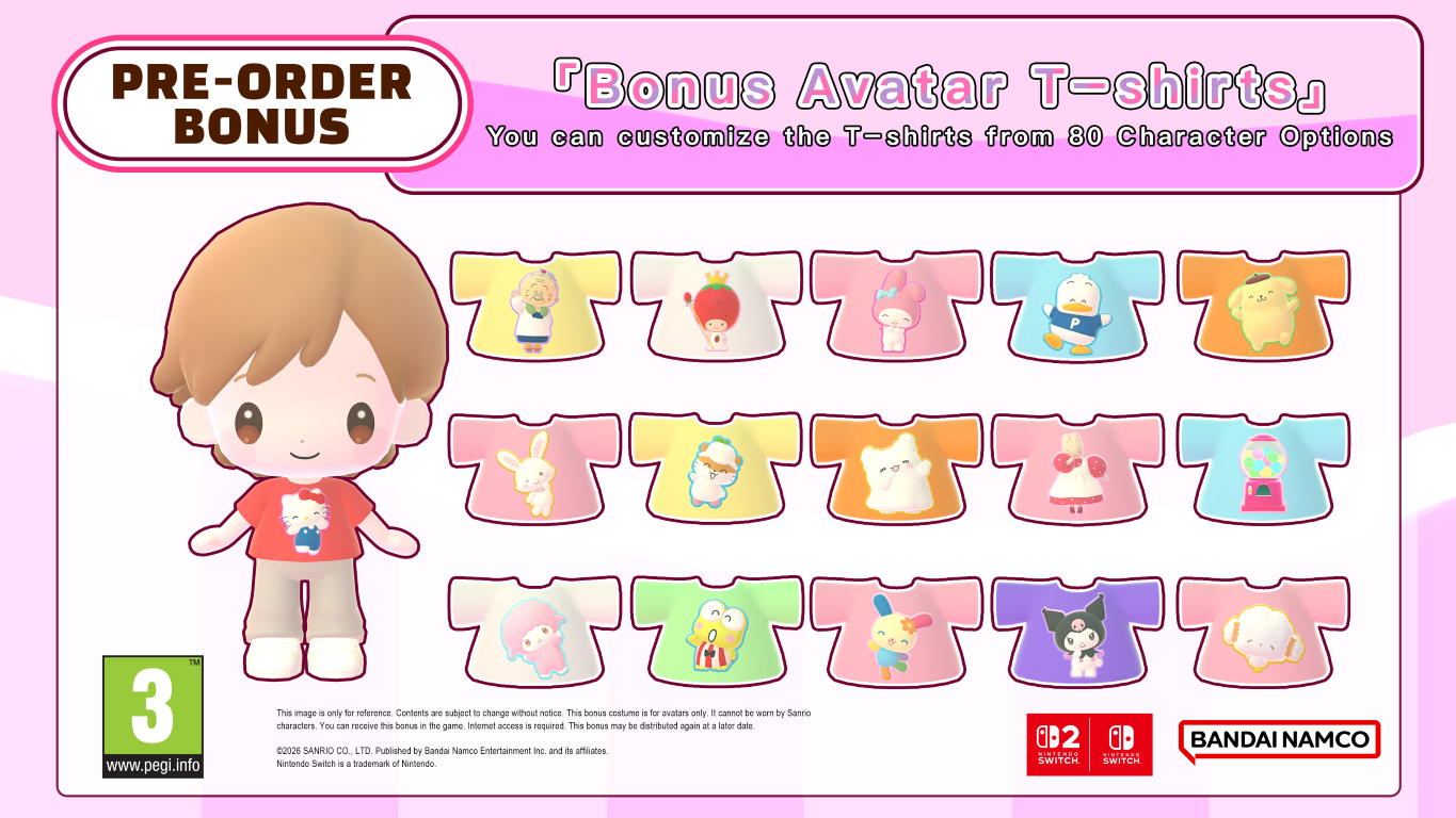 Bonus za pre-order: Koszulki z awatarami i postaciami Sanrio. Konfigurowalne opcje.