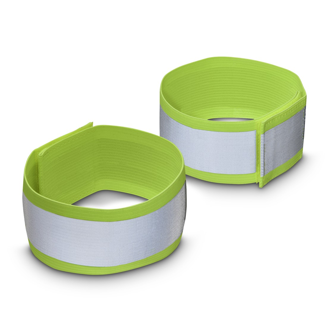 Zwei neongrüne Armbänder mit reflektierenden Streifen auf weißem Hintergrund.