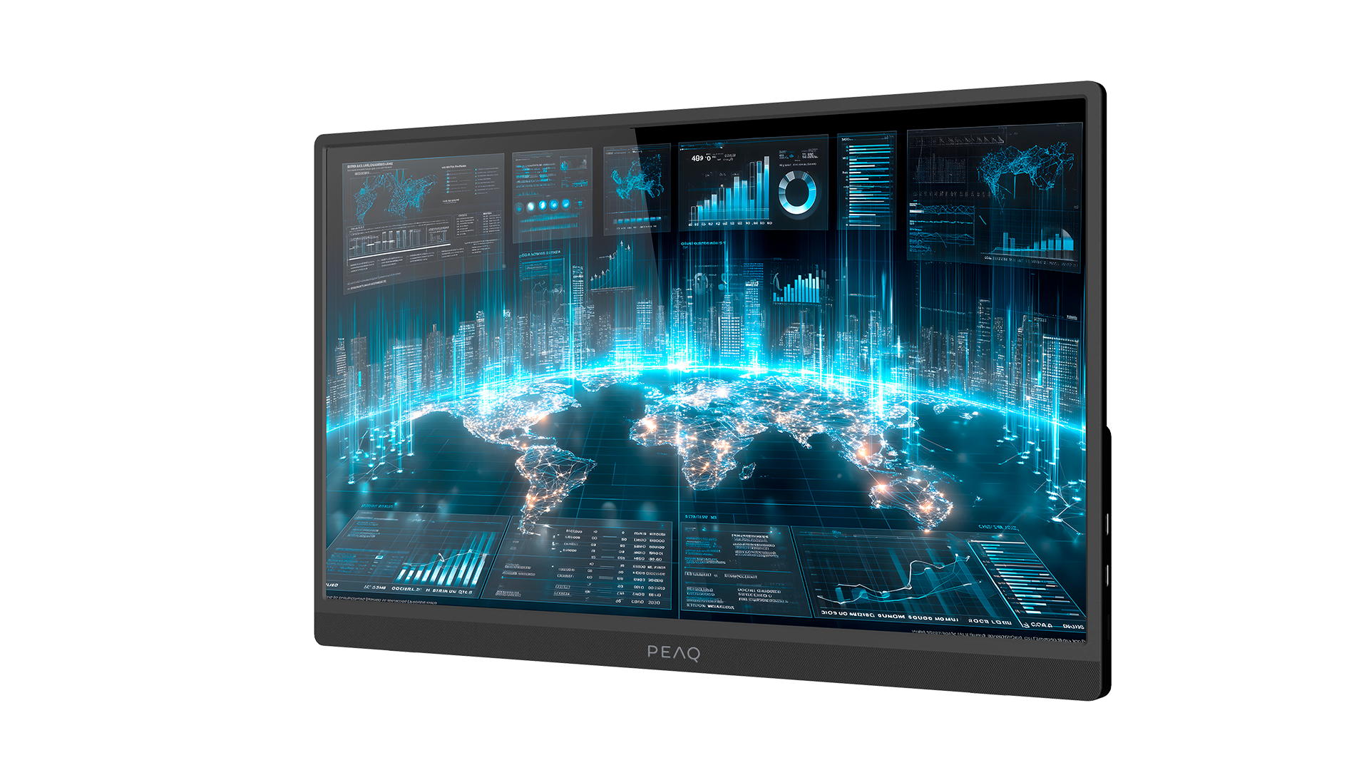 Ein Monitor zeigt eine digitale Weltkarte mit leuchtenden Städten und Datenvisualisierungen.