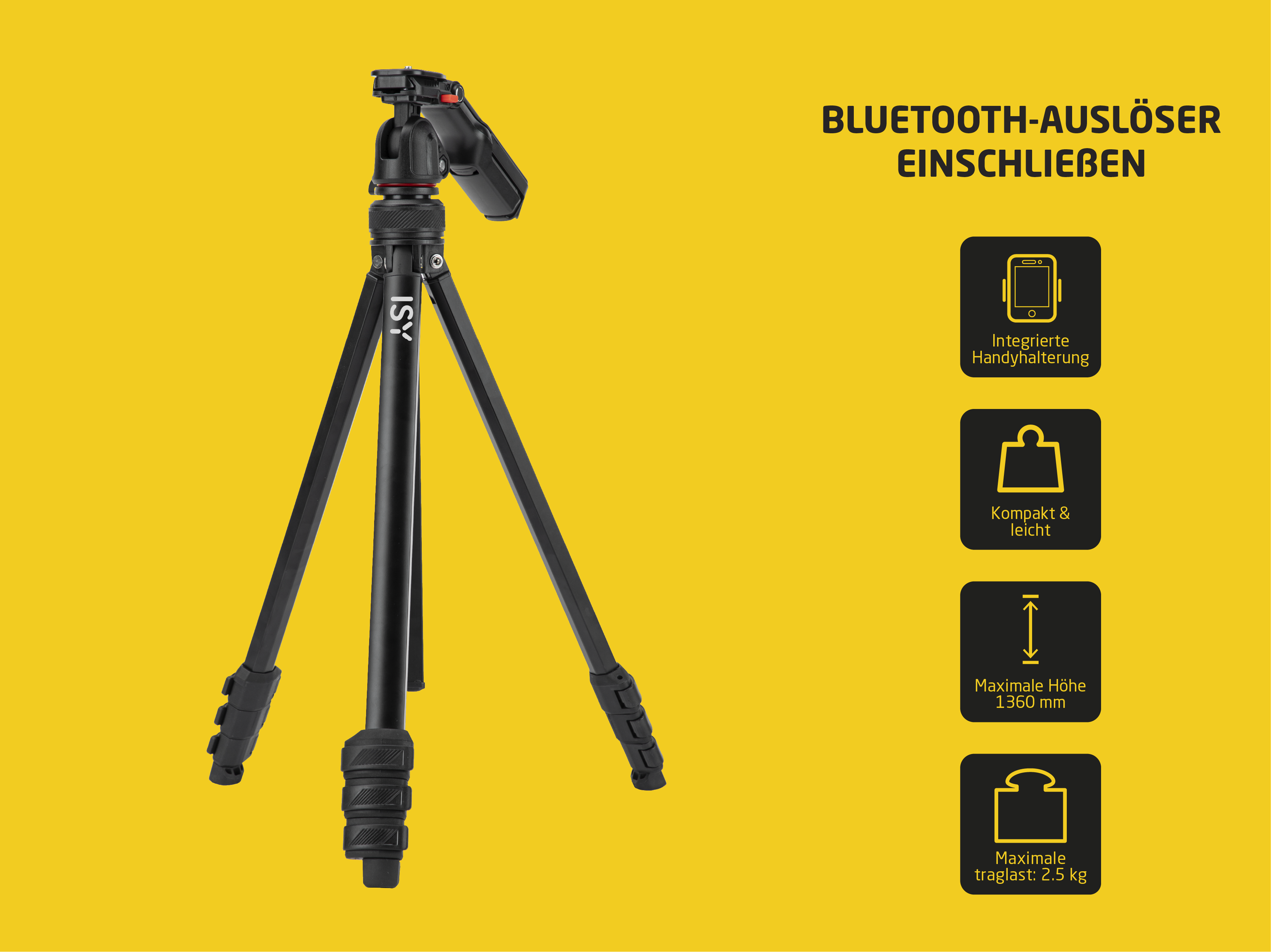 Ein schwarzes ISY Stativ mit integrierter Handyhalterung und Bluetooth-Auslöser.