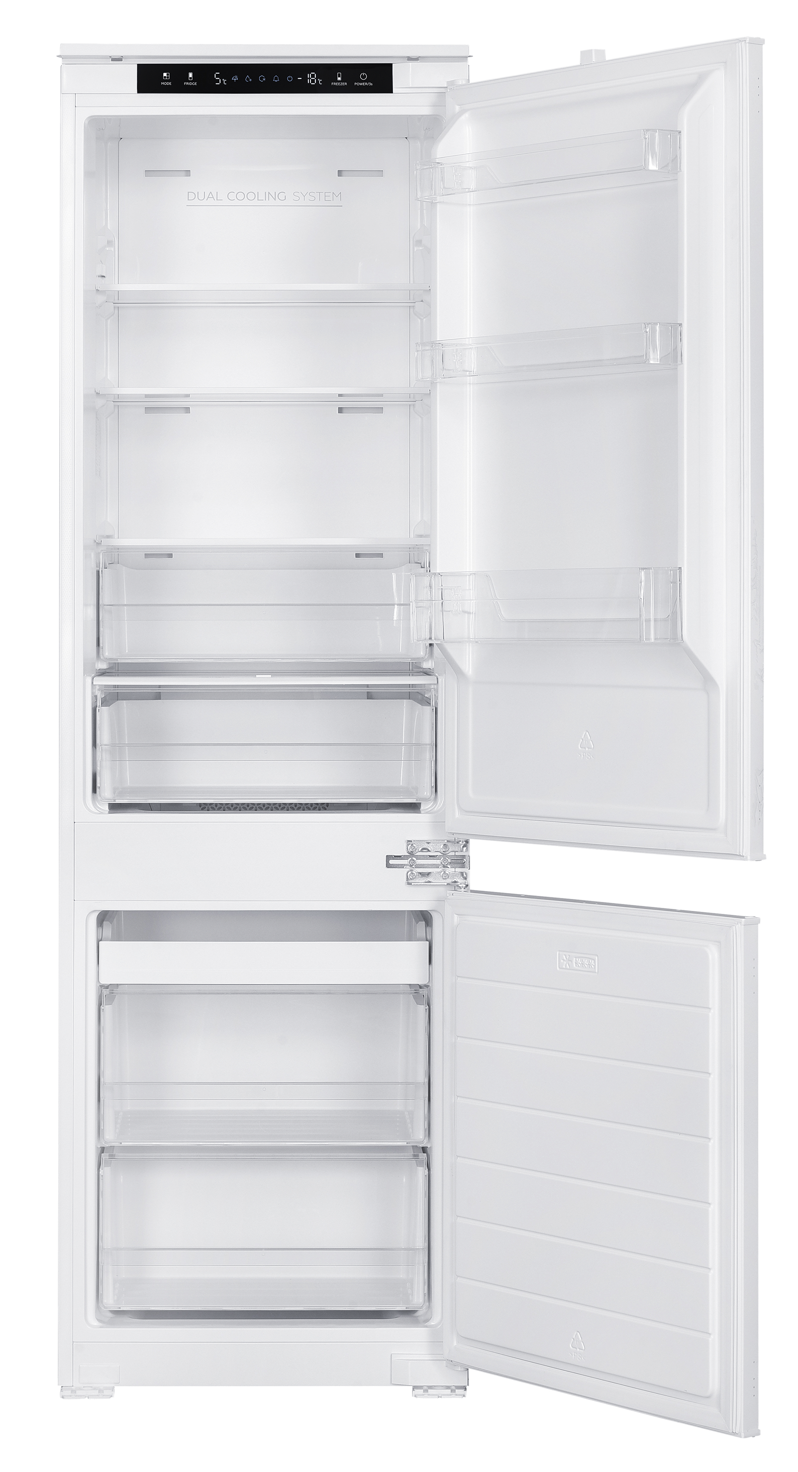 Ein weißer Kühlschrank mit offener Tür, Glasregalen und Schubladen.