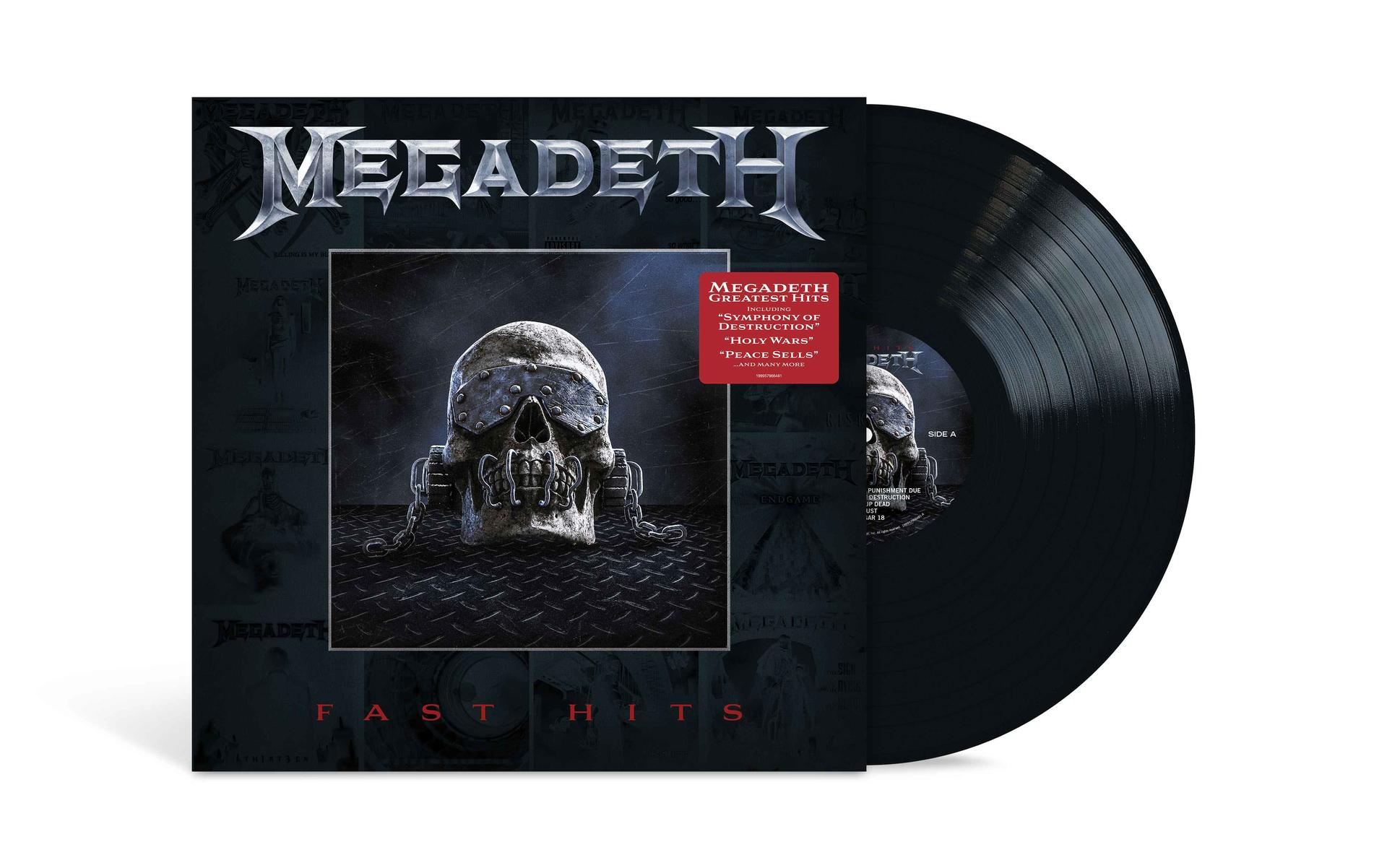 Megadeth „Fast Hits“ Schallplatte mit einem Totenkopf, der eine Metallmaske und Ketten trägt.