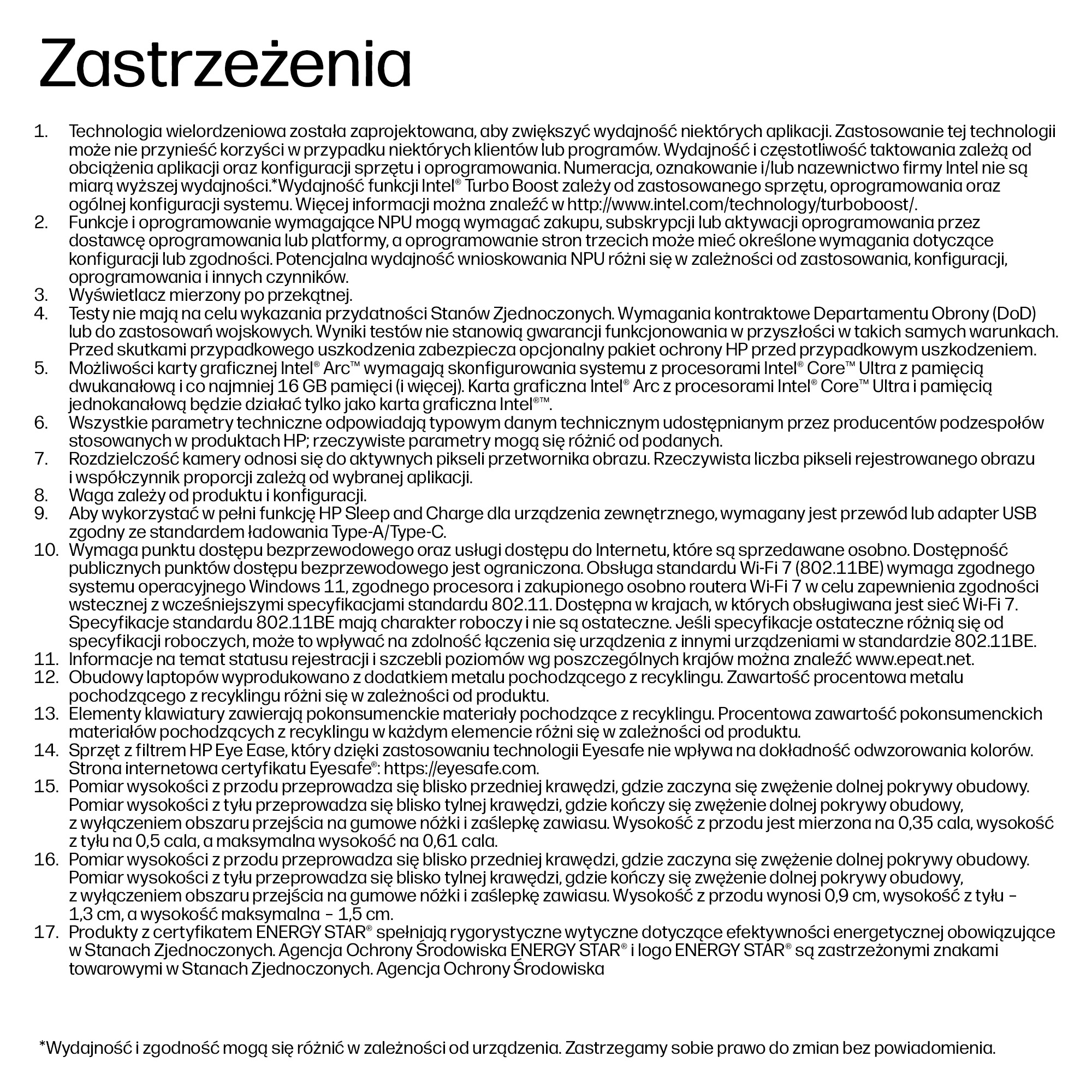 Tekst o technologii, NPU, wyświetlaczach, testach, kartach graficznych, parametrach, rozdzielczości, wadze, HP Sleep and Charge, Wi-Fi.
