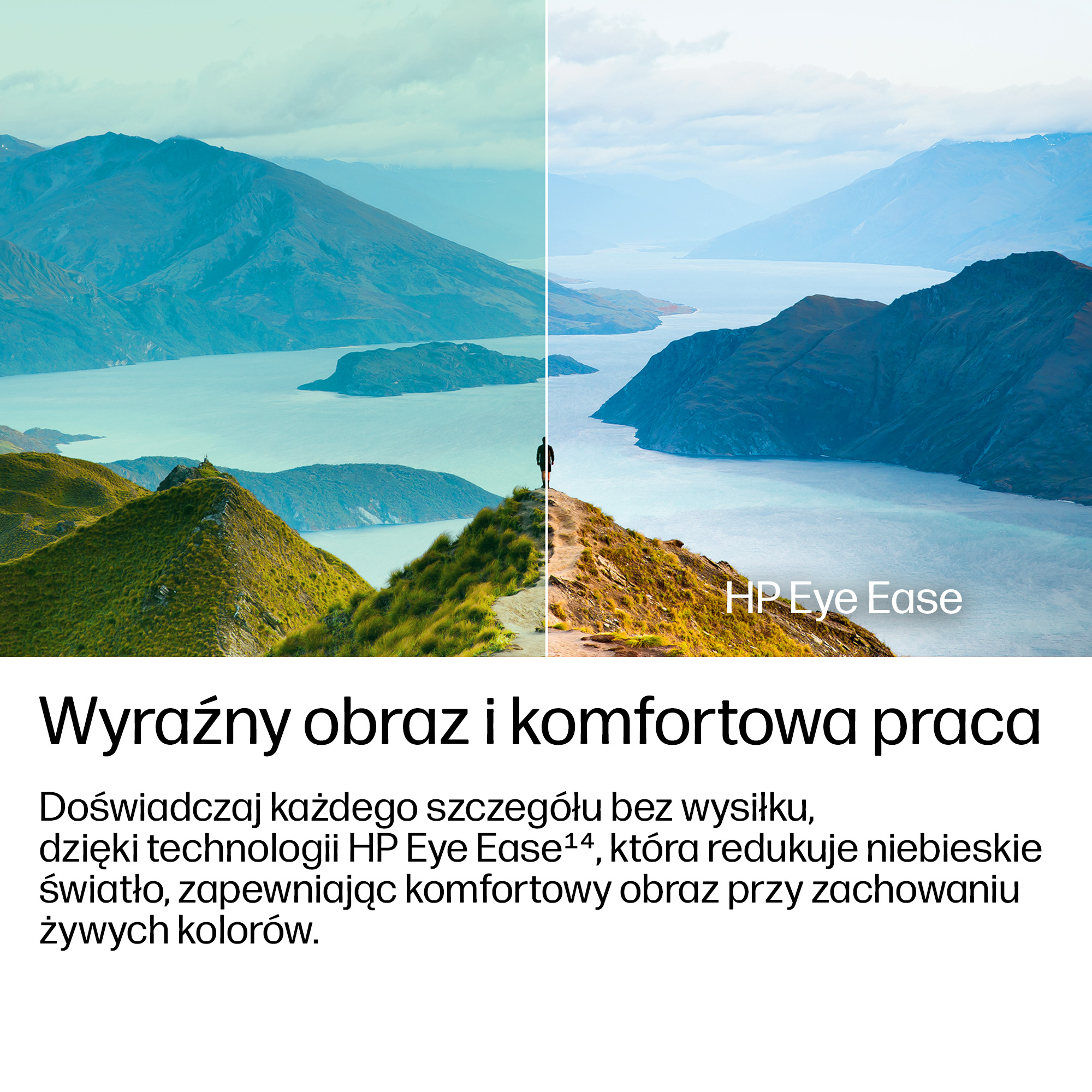Krajobraz górski z jeziorem, podzielony na dwa widoki. Jeden z HP Eye Ease.
