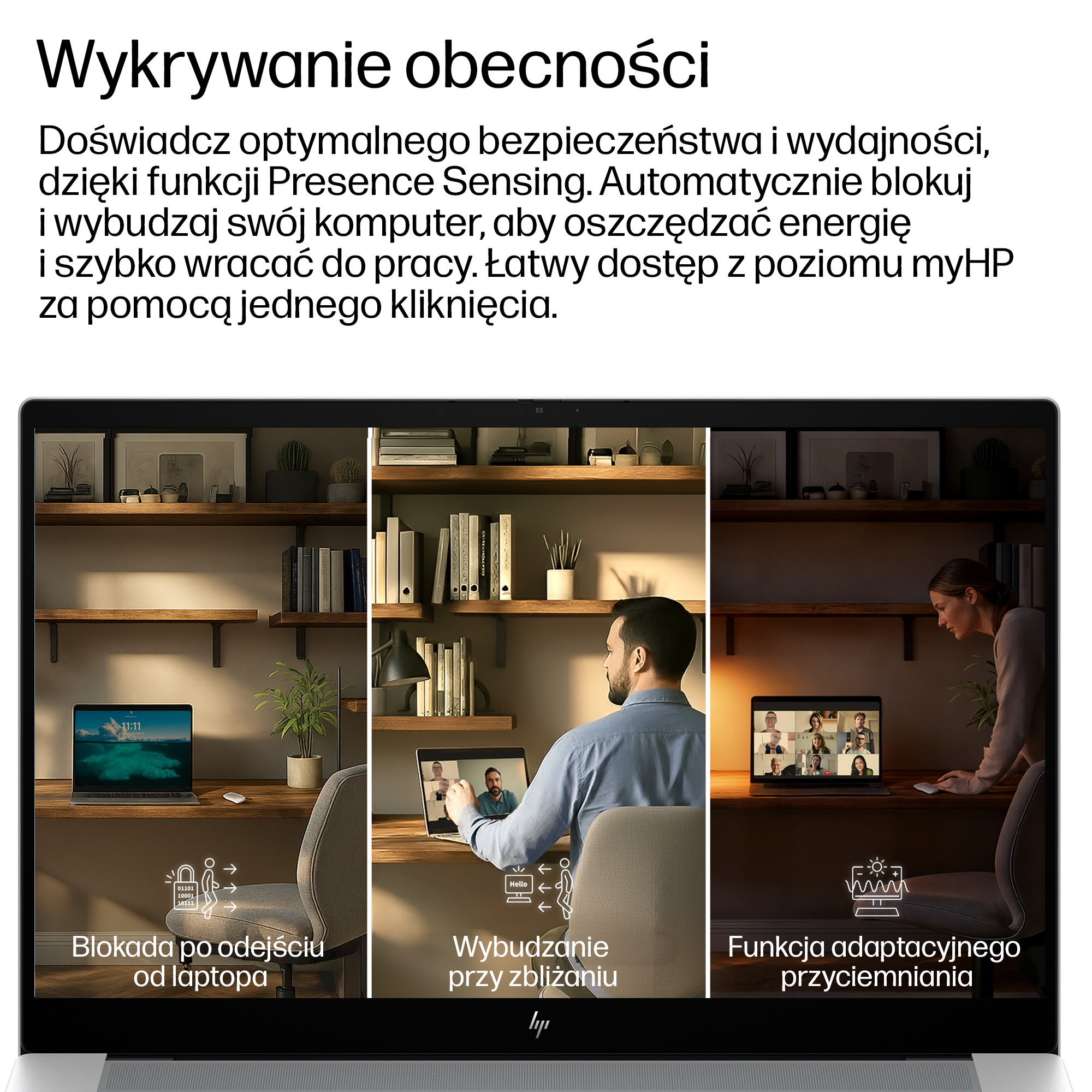 Ekran podzielony na trzy: blokada, wybudzenie, przyciemnianie. Osoba przy laptopie.