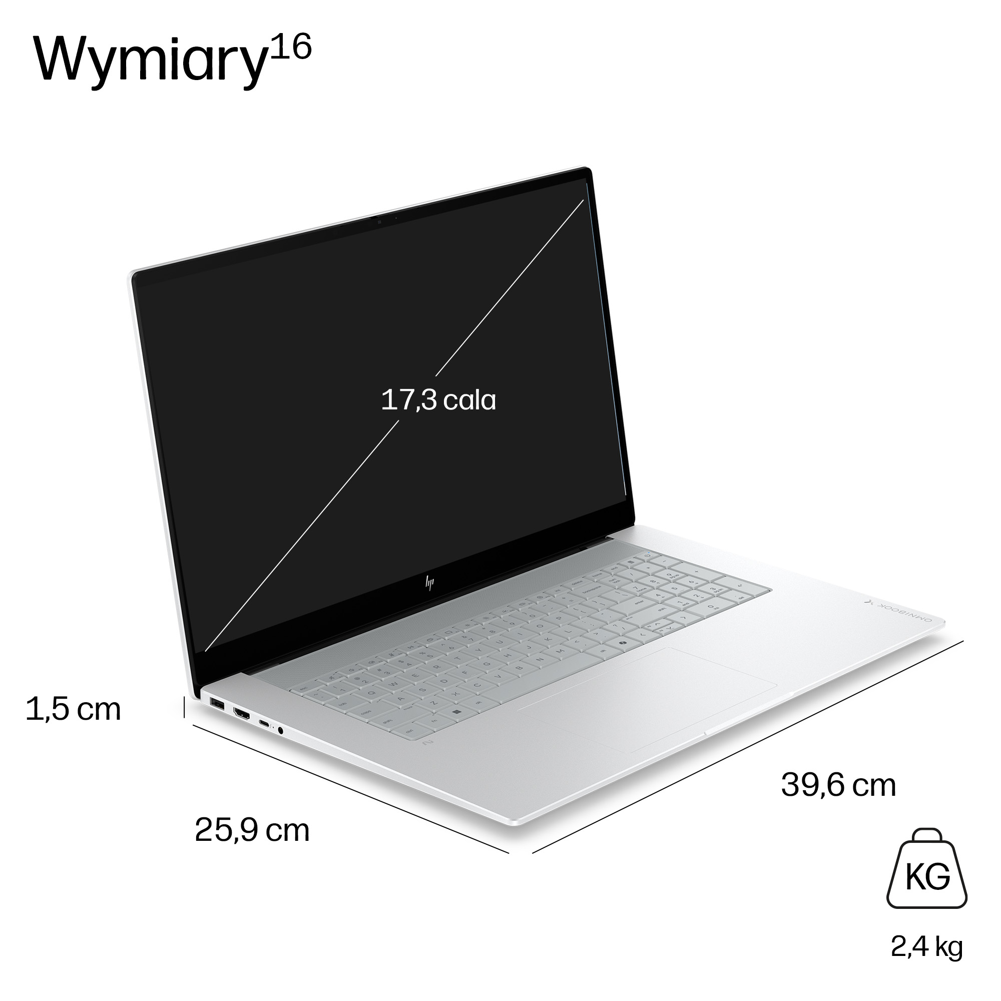 Srebrny laptop z ekranem 17,3 cala, wymiary 25,9x39,6x1,5 cm, waga 2,4 kg.