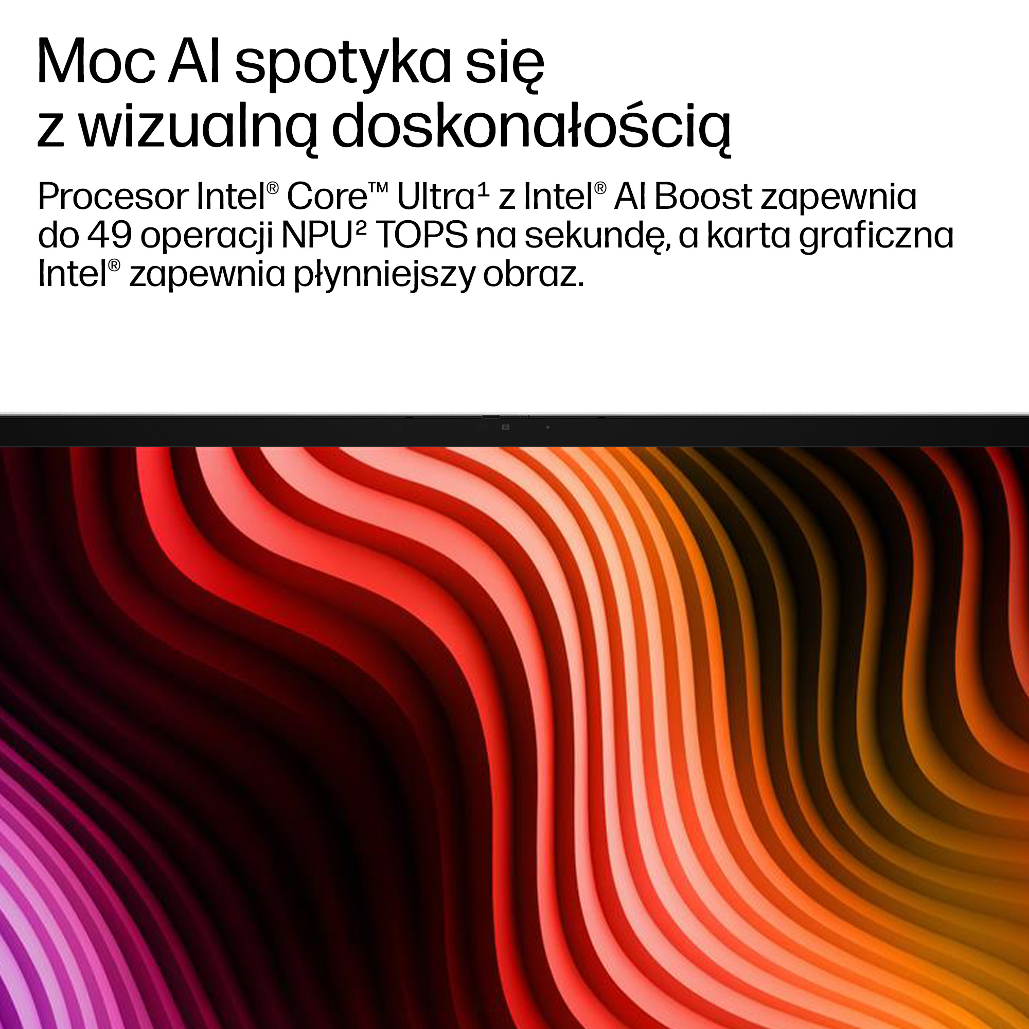 Laptop z kolorowym, falistym tłem i tekstem.