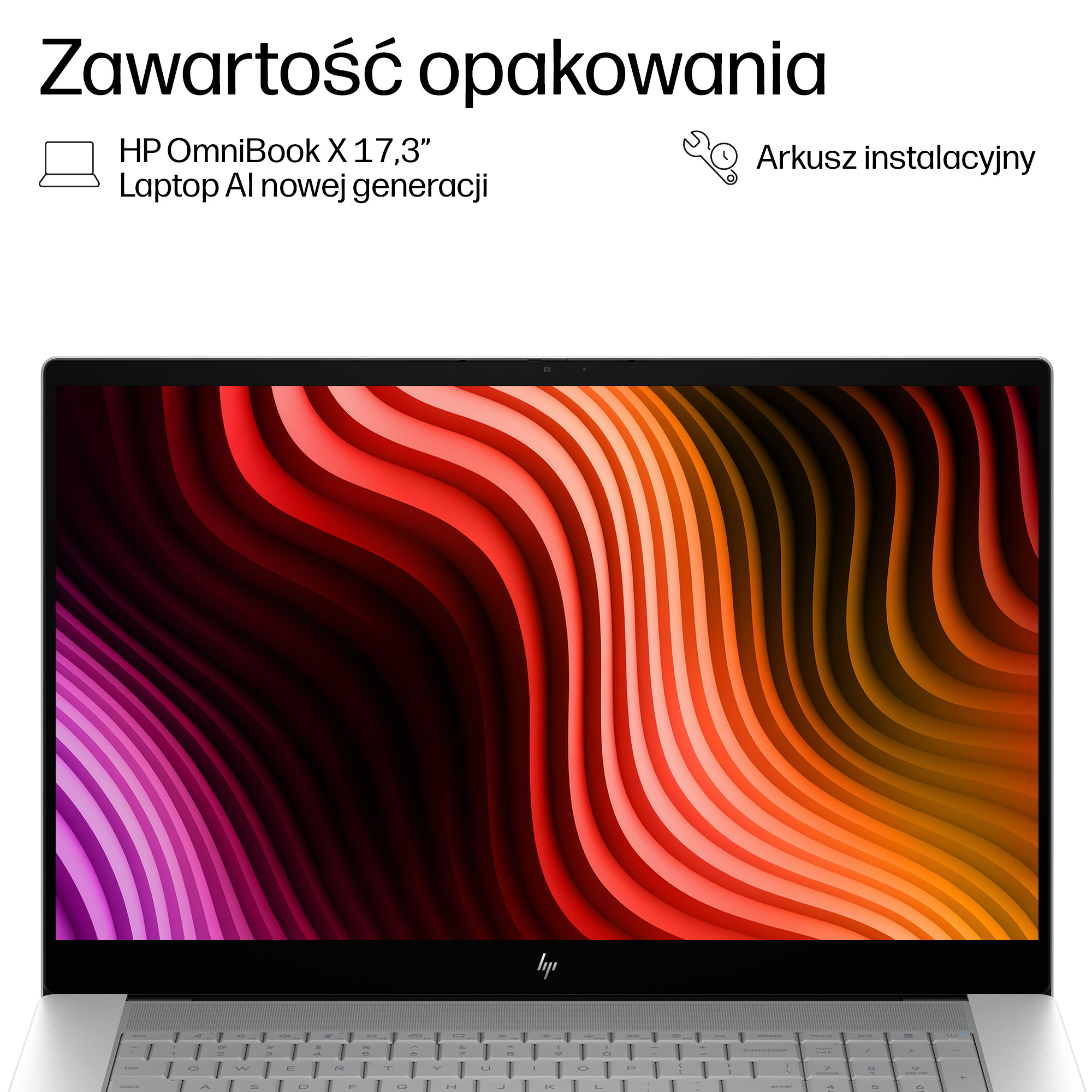 Laptop z kolorowym, falistym obrazem tła i klawiaturą.