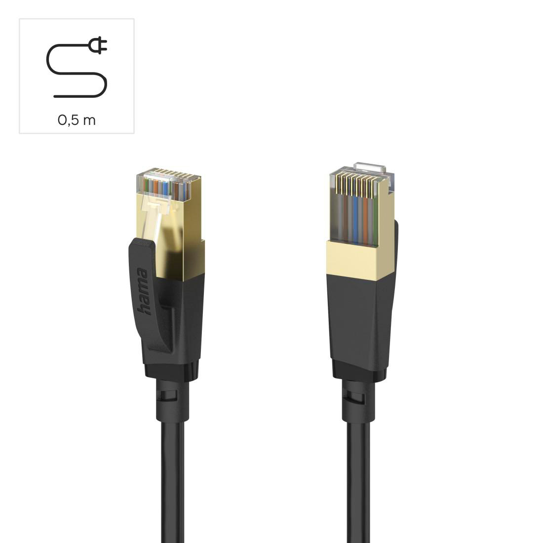 Zwei Ethernet-Kabel mit goldenen Steckern und schwarzer Ummantelung auf weißem Grund.
