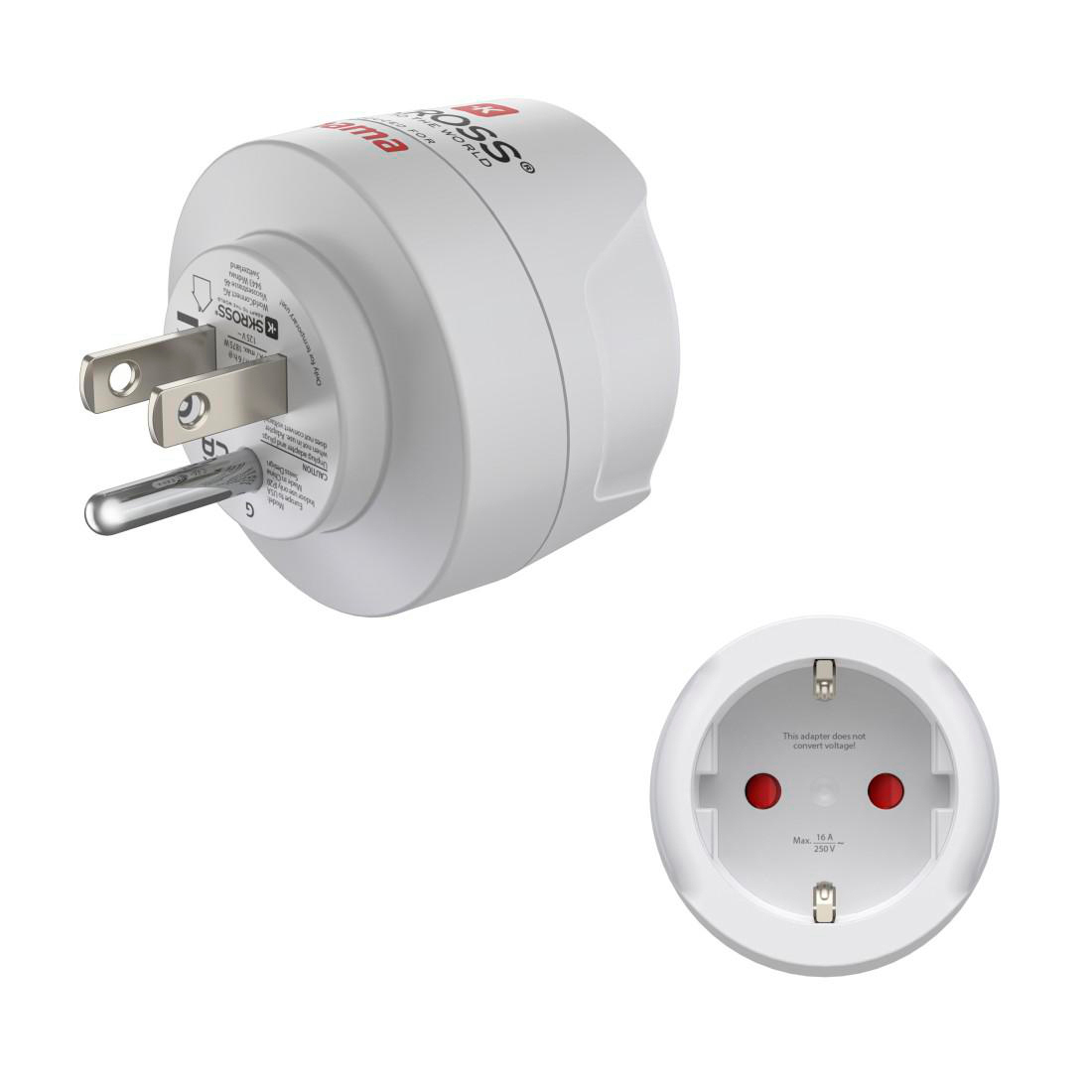 Ein weißer Reiseadapter mit einem USA-Stecker und einer Steckdose.