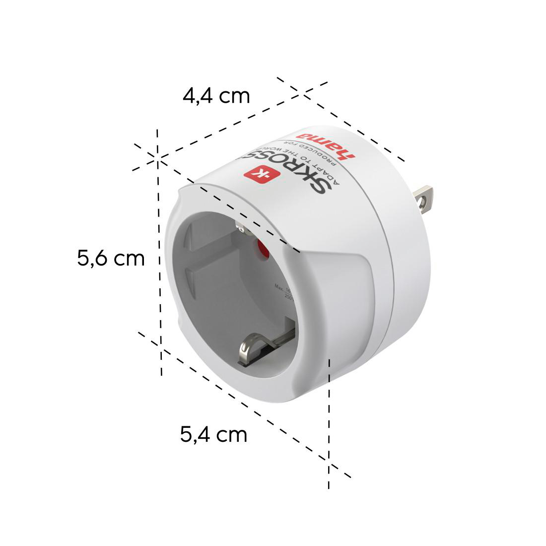 Weißer Reiseadapter von SKROSS für Hama, Maße 5,6x4,4x5,4 cm.