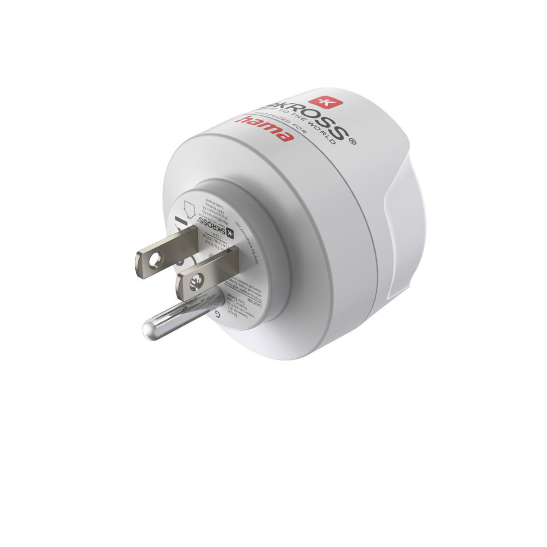 Ein weißer Reiseadapter mit KROSS-Logo und USA-Stecker.