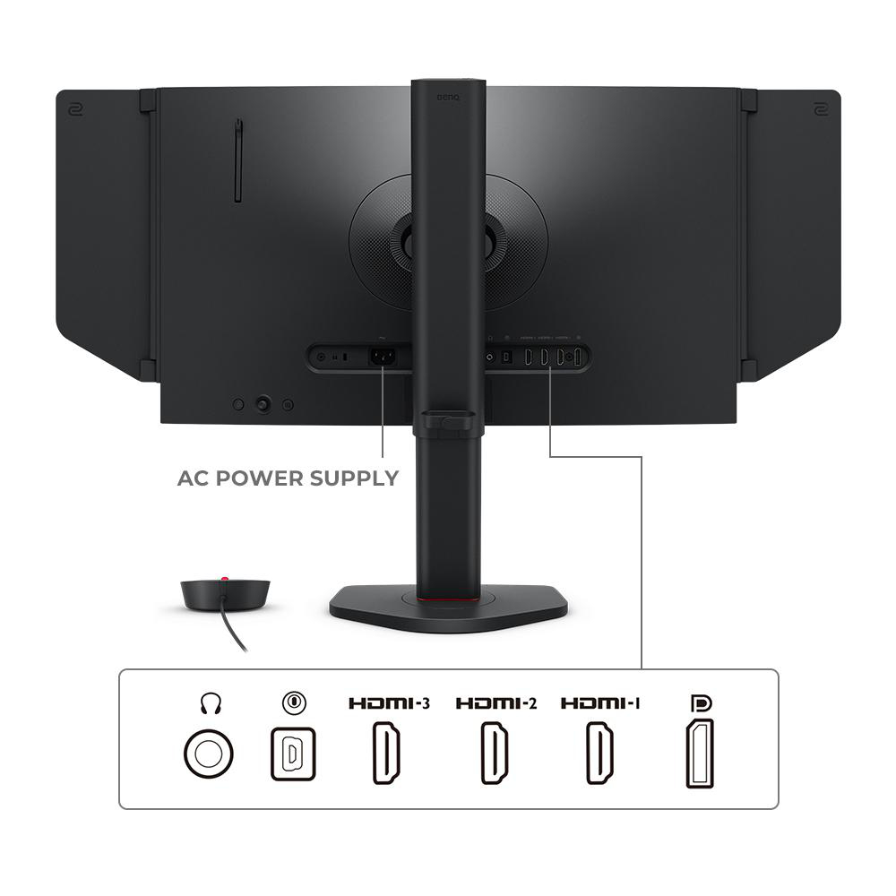 Rückseite eines Monitors mit Anschlüssen: Netzteil, HDMI und DisplayPort.