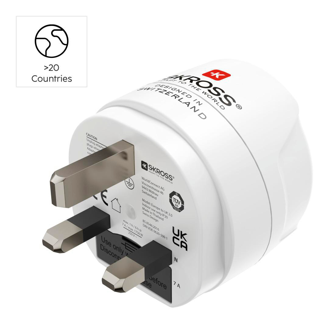 Weißer Reiseadapter für Europa nach Großbritannien mit UK-Stecker und Länderikone.