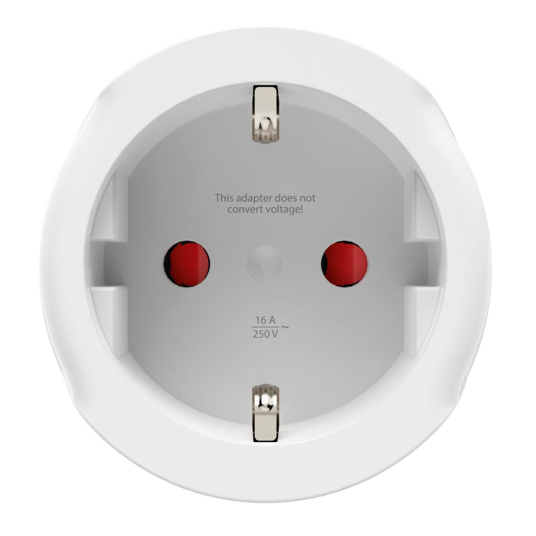 Weißer Reiseadapter mit roten Ladebuchsen und Spannungsinformationen.